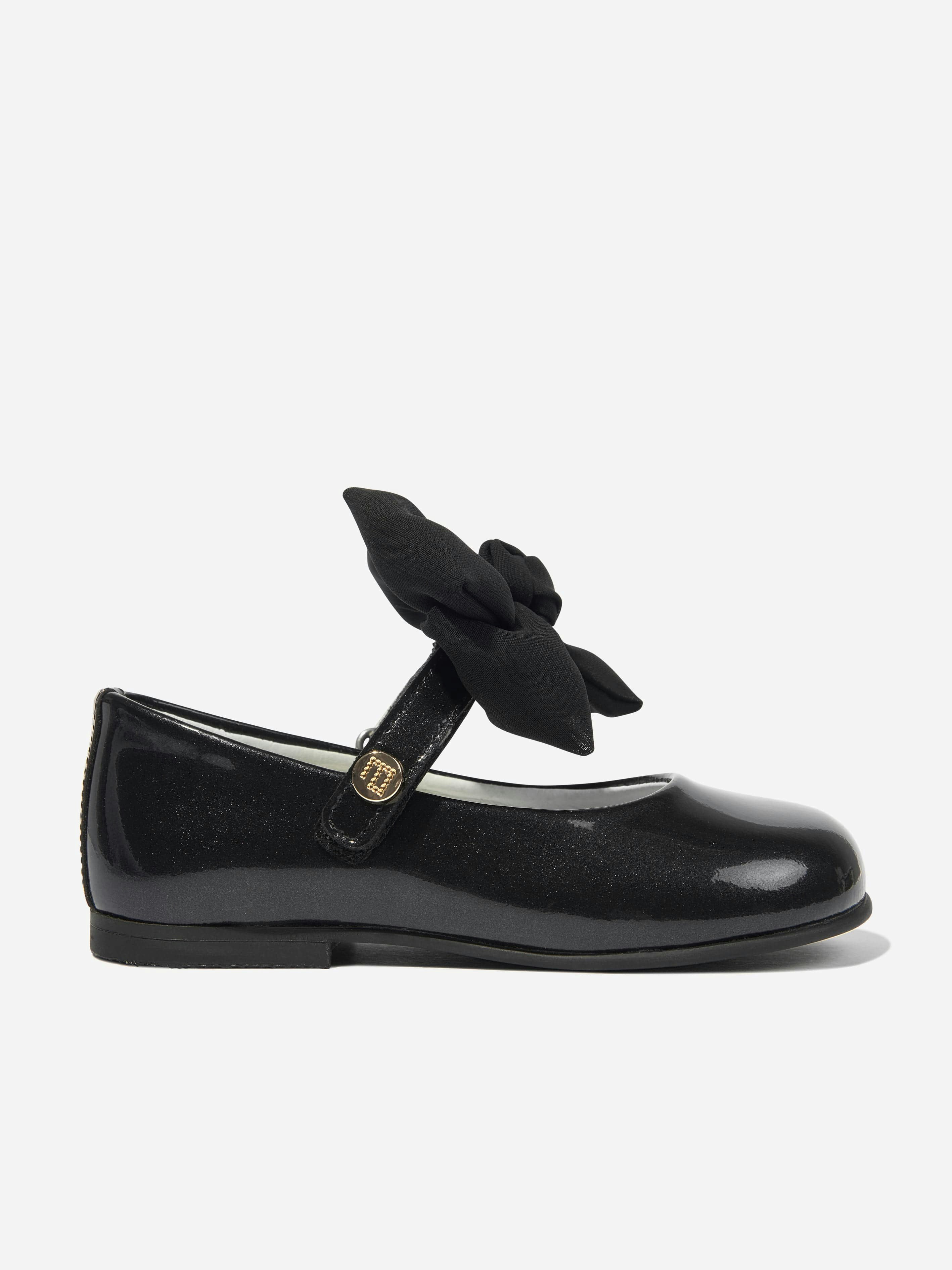 Andanines Girls Black Leather Mary Jane Bow Shoes In - Eu 19 Uk 3