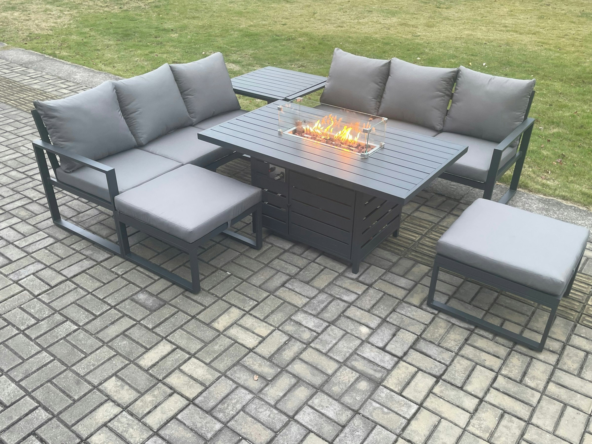 Fimous Dark/Grey Aluminium Outdoor Lounge Sofa Garden Furniture Sets Gas Fire Pit Dining Table Set With 2 Big Footstools Side Table