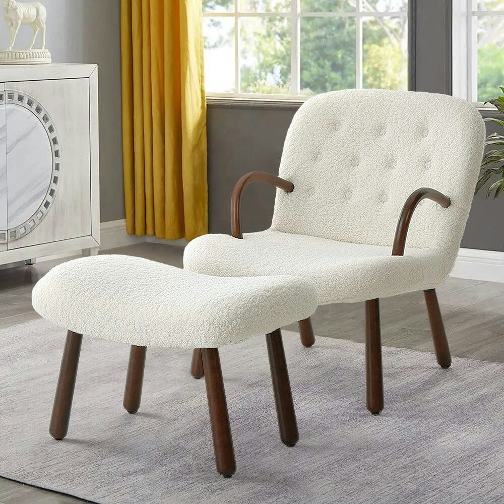 Rackhams White Modern Lamb Wool Armchair With Ottoman Set Lounge Chair With Footstool
