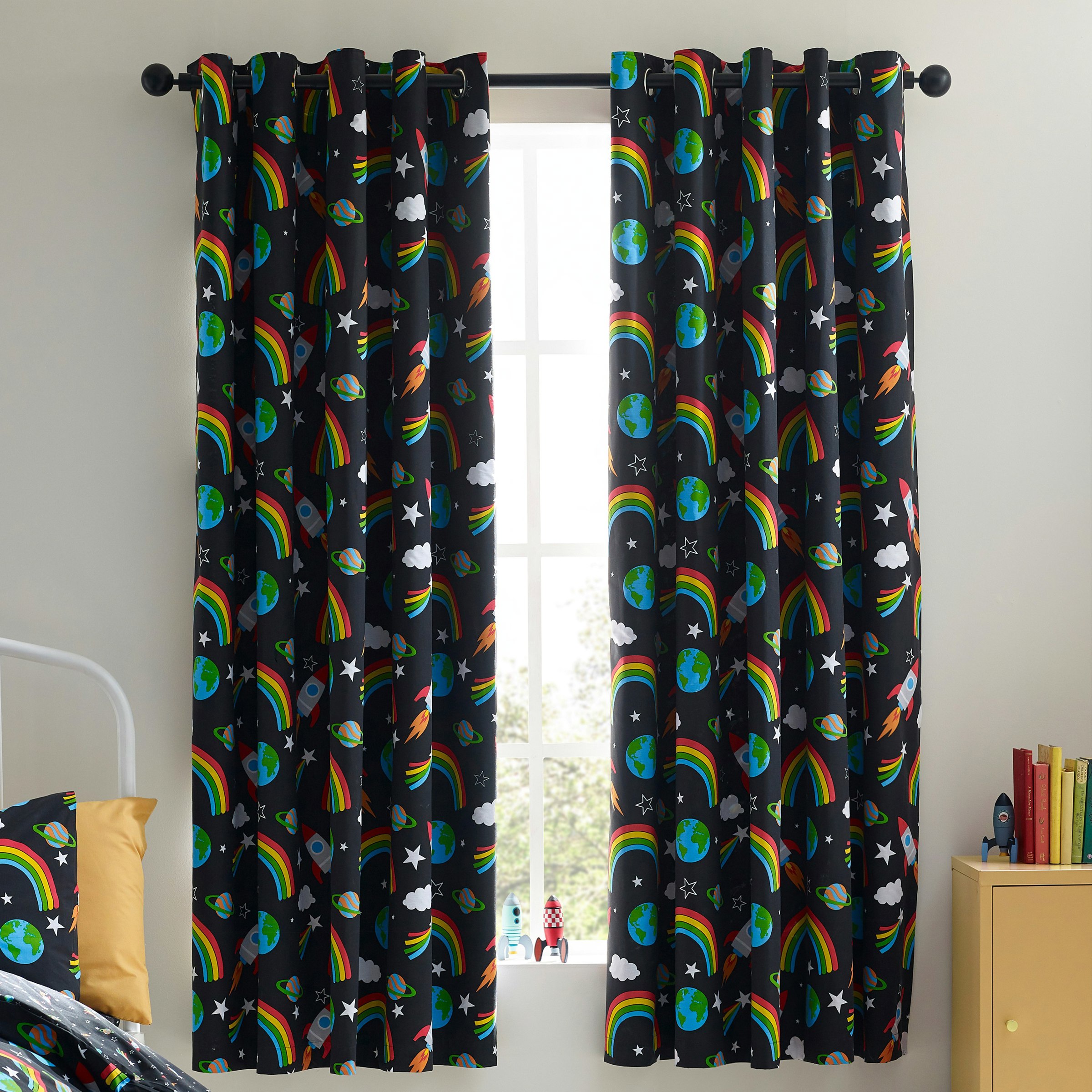Catherine Lansfield Black Rainbow Rockets Fully Reversible Eyelet Curtains - 66 X 72 Inch