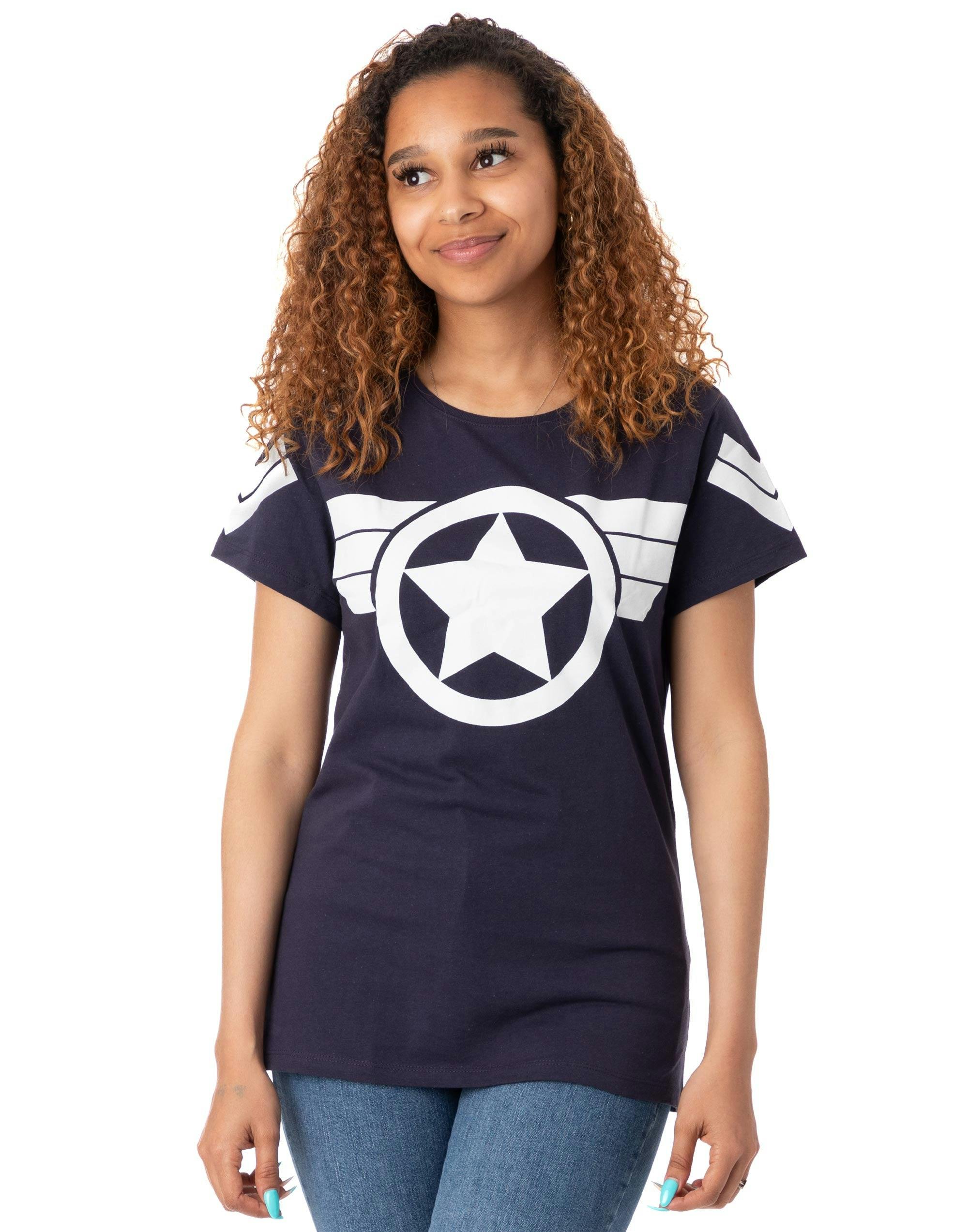 Vanilla Underground Women's Blue Marvel Captain America Logo Short Sleeved T-Shirt - Medium