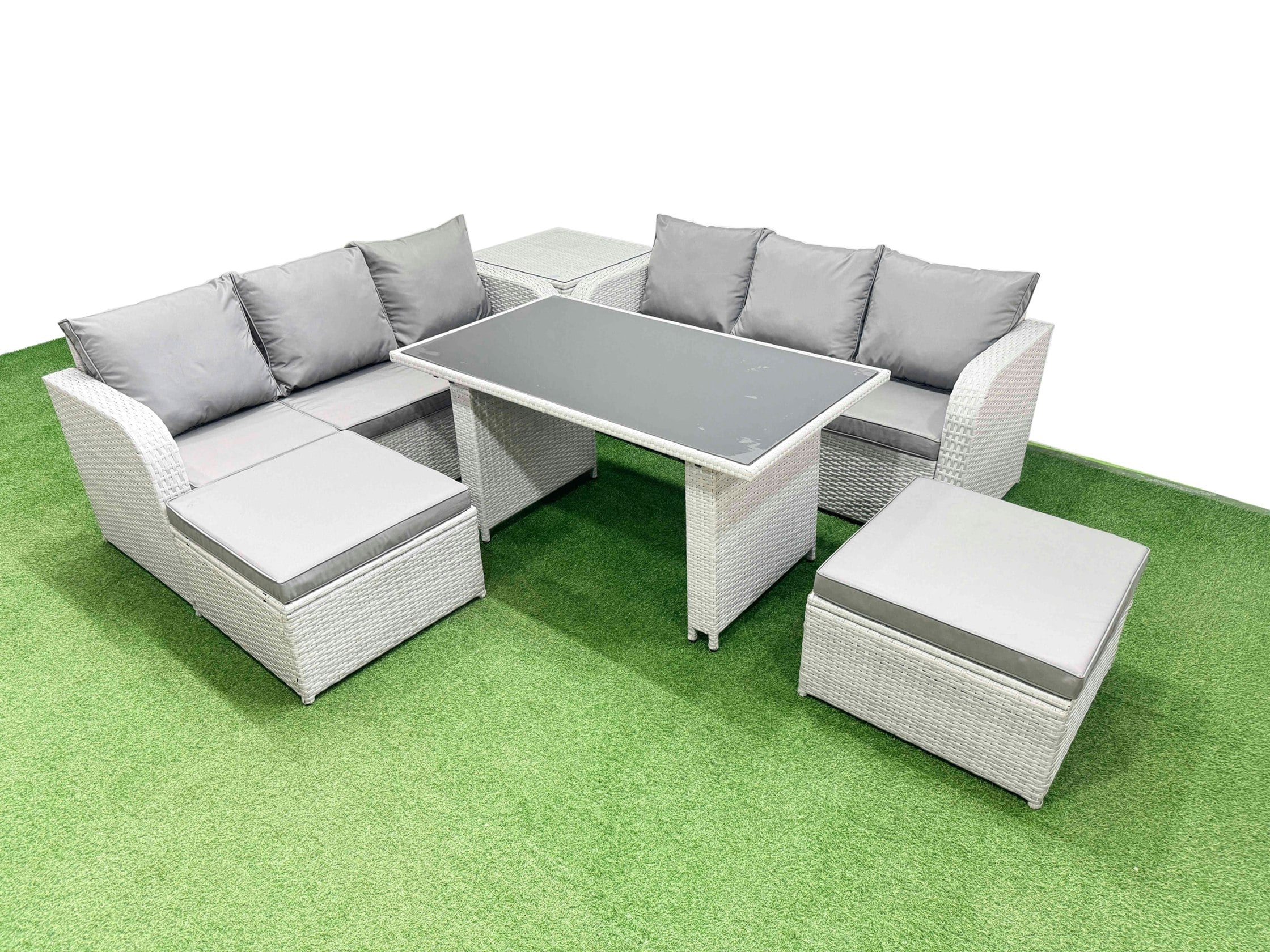 Fimous Light/Grey 8 Seater Rattan Outdoor Dining Table 3 Seater Sofa Set With Side Table 2 Big Stools