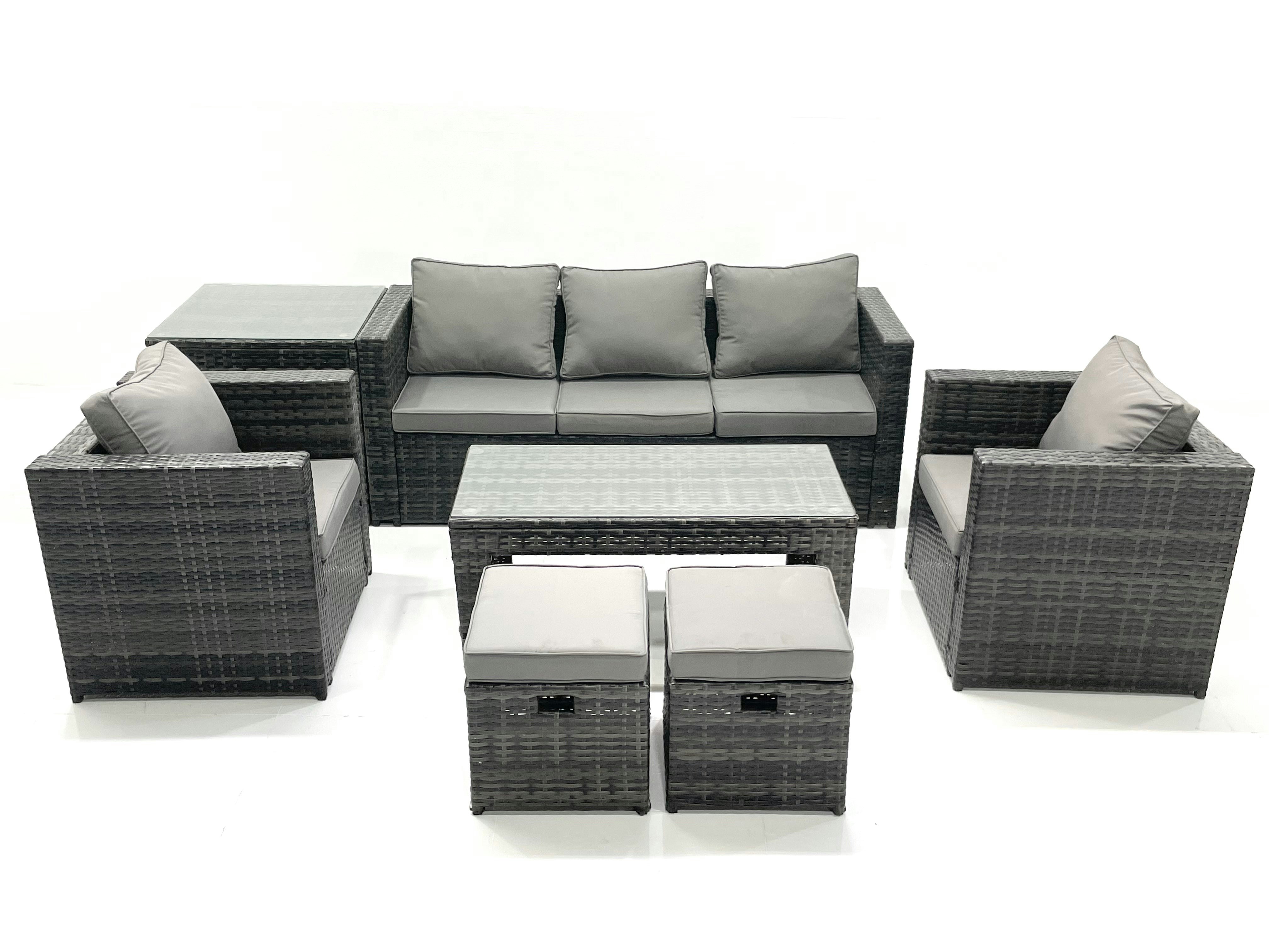 Rackhams Dark/Grey Rattan Garden Furniture Set Outdoor Lounger Sofa With Coffee Table 2 Armchair 2 Small Footstools Side Table Mixed