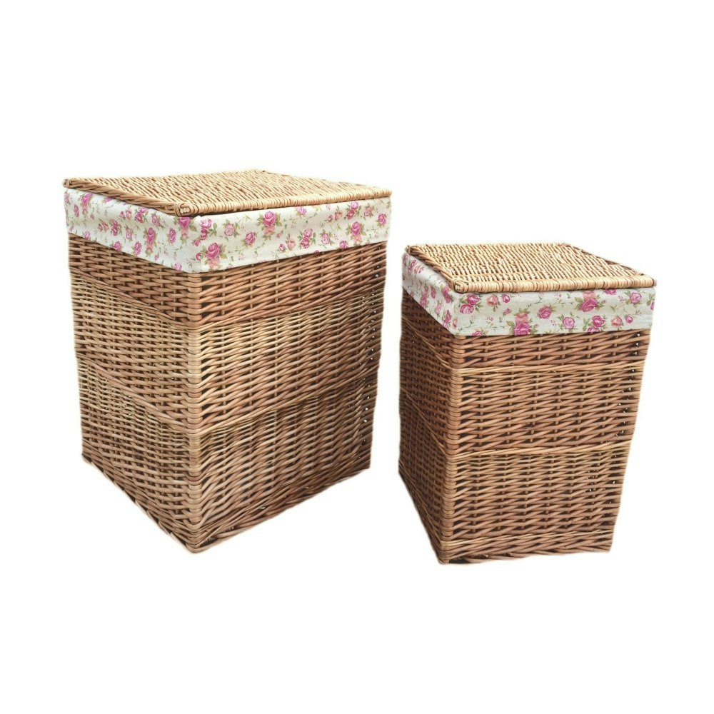 Rackhams Light Set Of 2 Steamed Wicker Square Laundry Basket With Garden Rose Lining