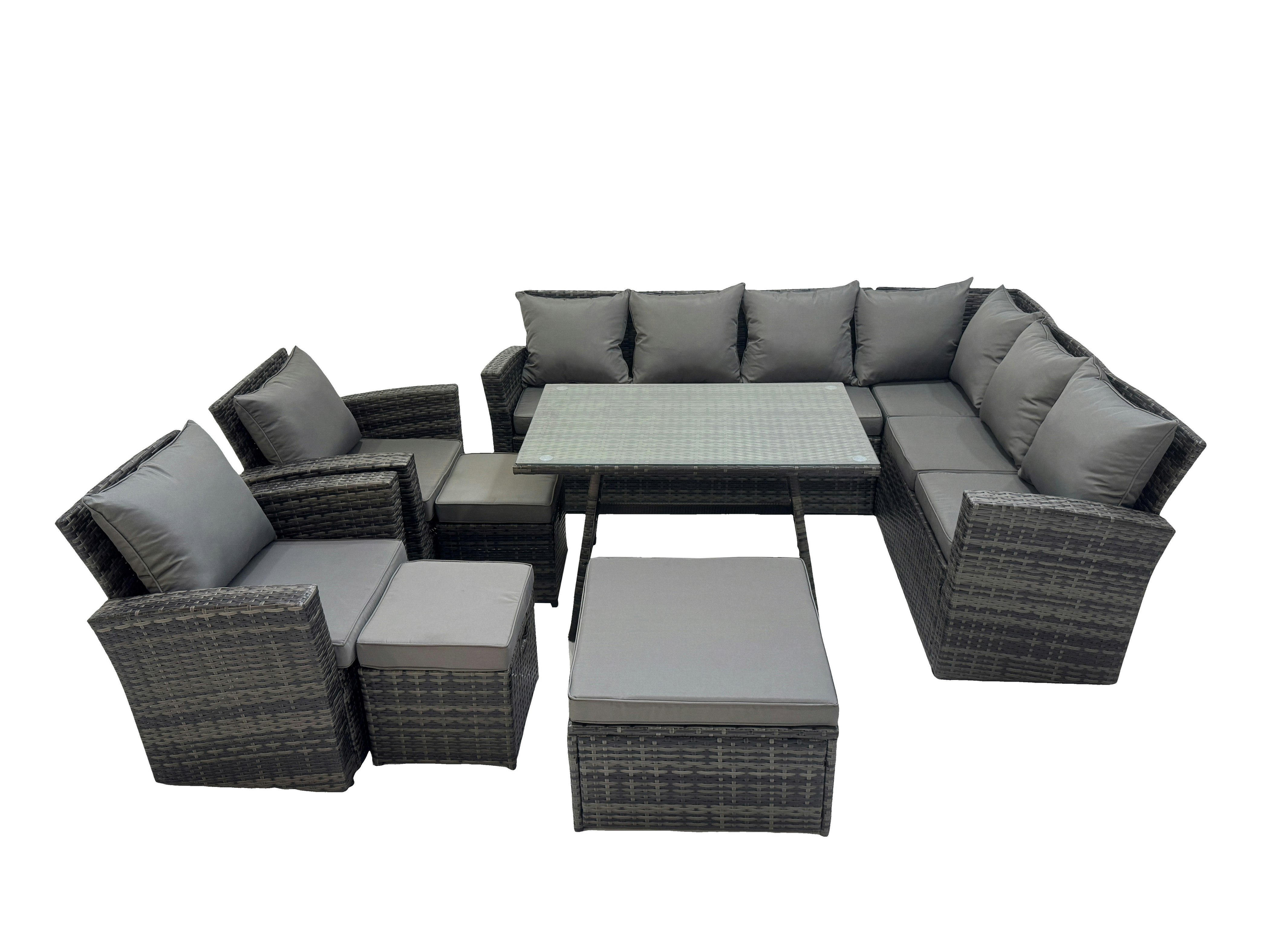 Rackhams Dark/Grey 11 Seater Garden Outdoor Rattan Furniture Set Rattan Corner Sofa Oblong Dining Table With 2 Armchairs 3 Footstools