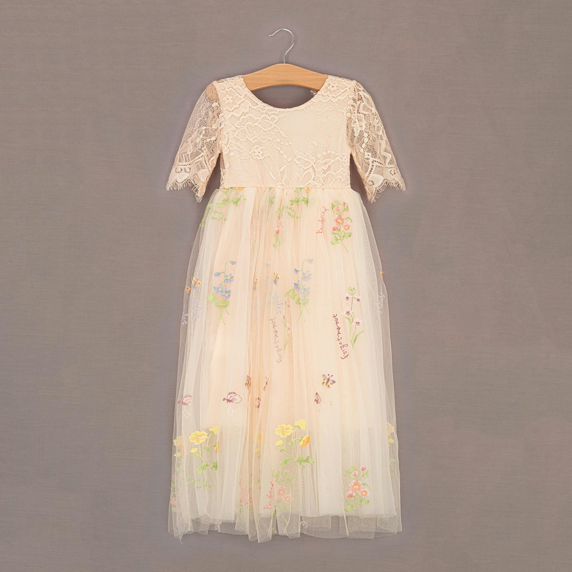 Uk Flower Girl Boutique Girls Uk Flower Boutique Enchanted Dress - Embroidered Apricot Champagne Lace - 12/24 Months