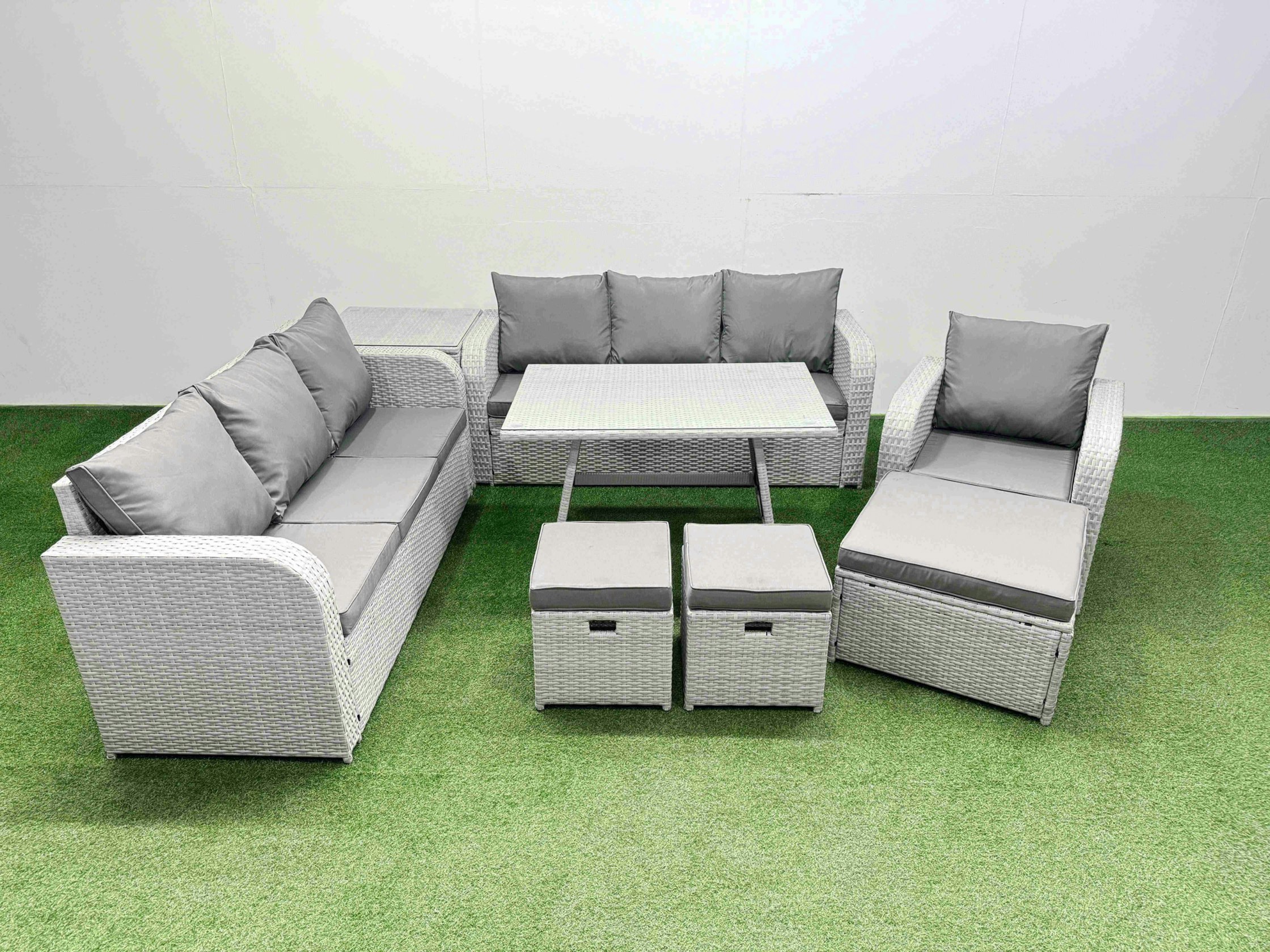 Fimous Light/Grey 8 Pieces Outdoor Pe Rattan Garden Furniture With Cushions Reclining Chair Side Table 3 Stool