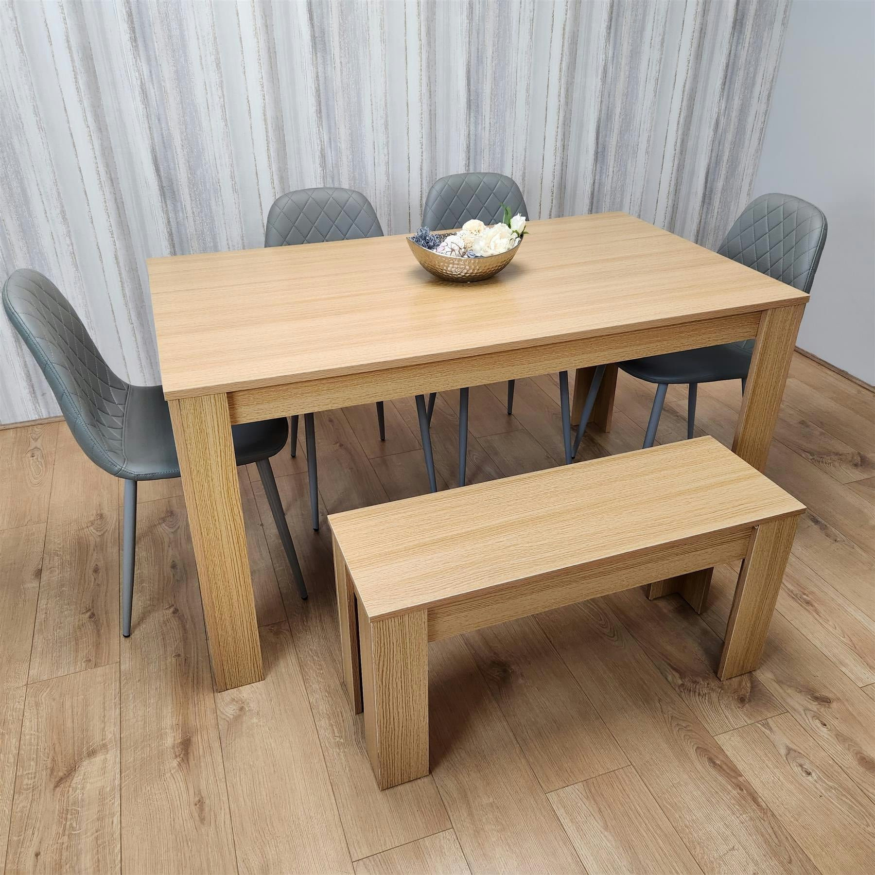 Kosy Koala Oak Effect 6 Seater Dining Table Set with Grey Gem Chairs and Bench - Image 6