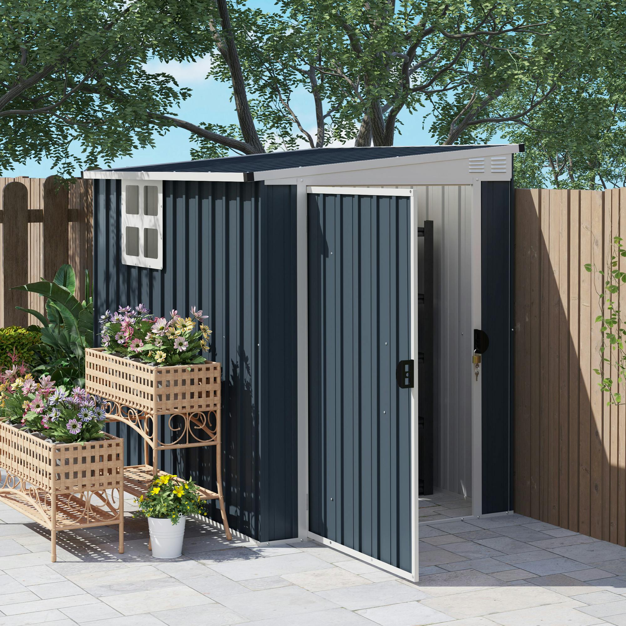 Outsunny Dark/Grey 4 X 6Ft Outdoor Garden Storage Shed With Window, - 128W X 193D X 161/181H Cm