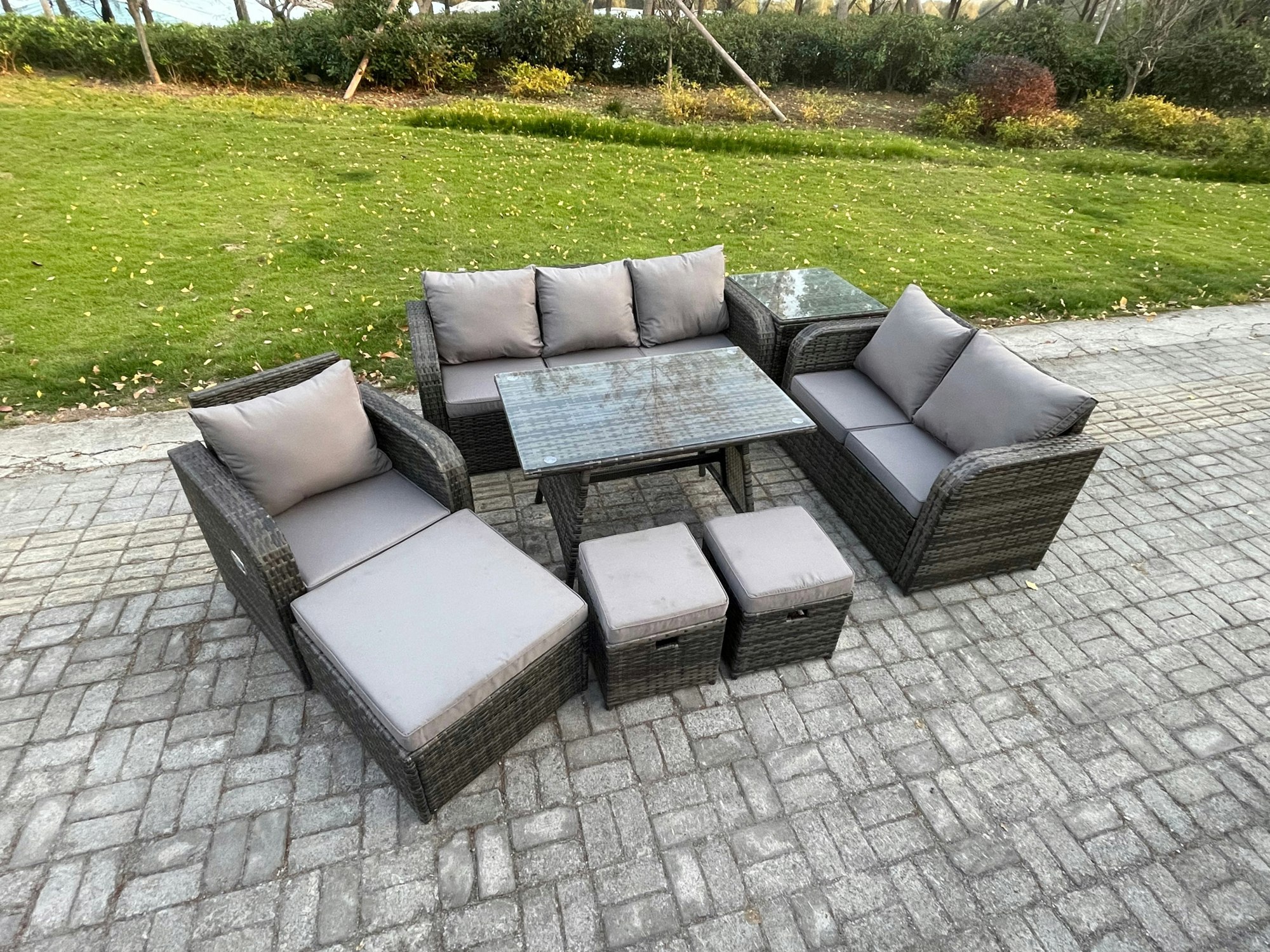 Fimous Dark/Grey 9 Seater Outdoor Rattan Garden Furniture Set Patio Lounge Sofa Set With Dining Table 3 Footstools Side Table Mixed