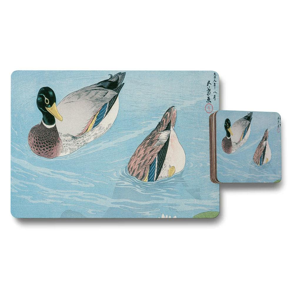 Benjamin Tate Design Blue/Red Duck Themed Placemat And Coaster Set With Water Scene Artwork