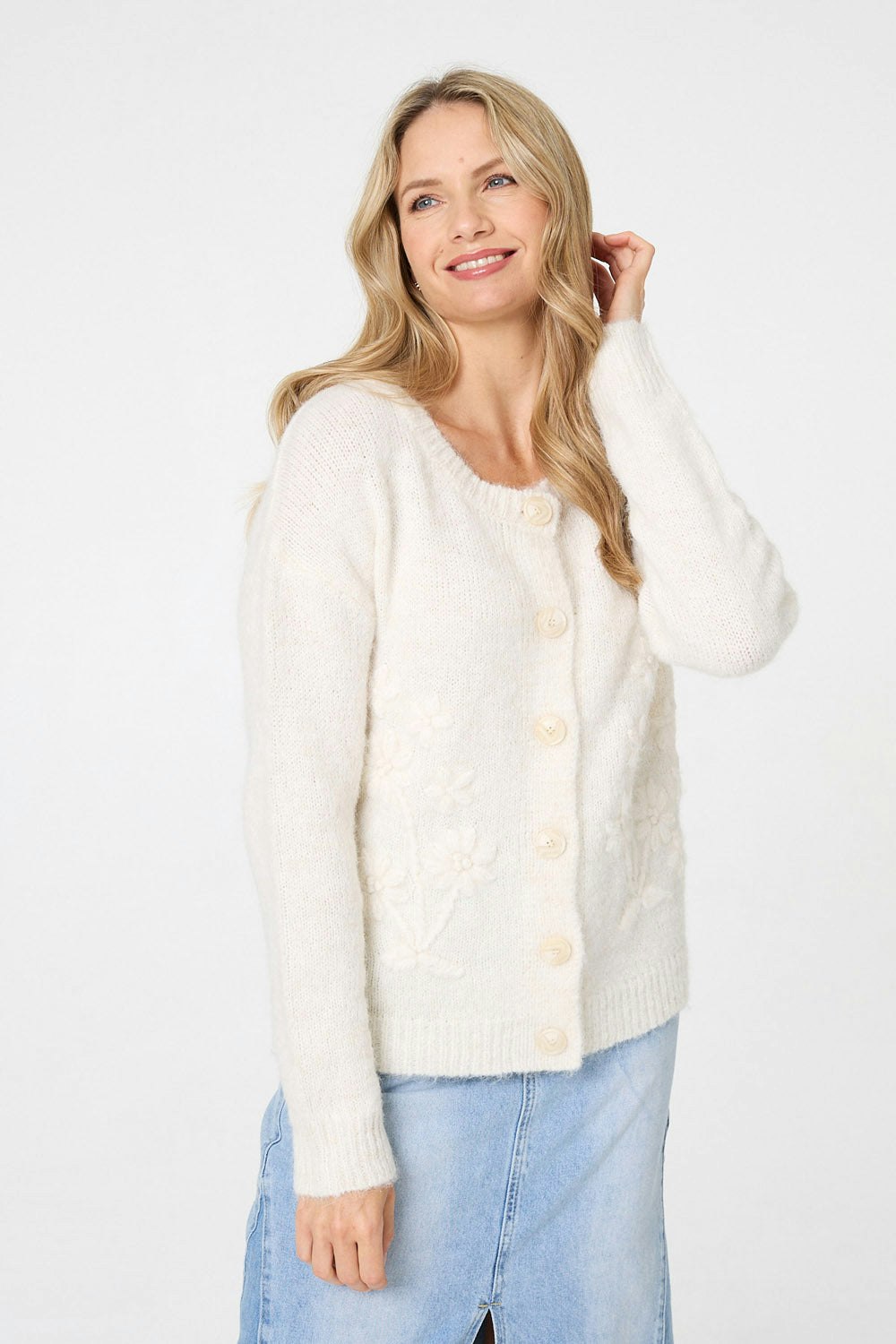Izabel London White Floral Embroidered Textured Cardigan - 18