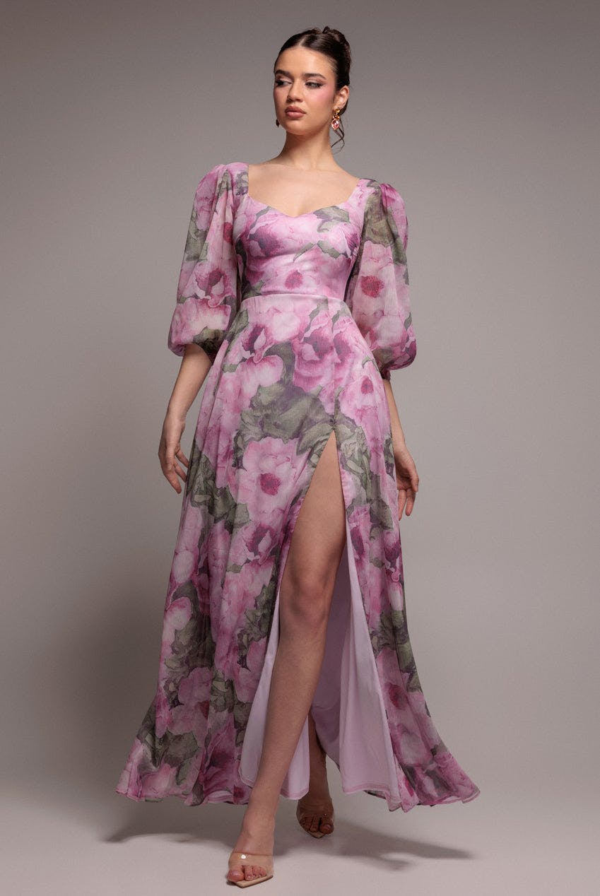 Goddiva Pink Puff Sleeve A-Line Printed Chiffon Maxi Dress With Split - Blush By - Blush - 10