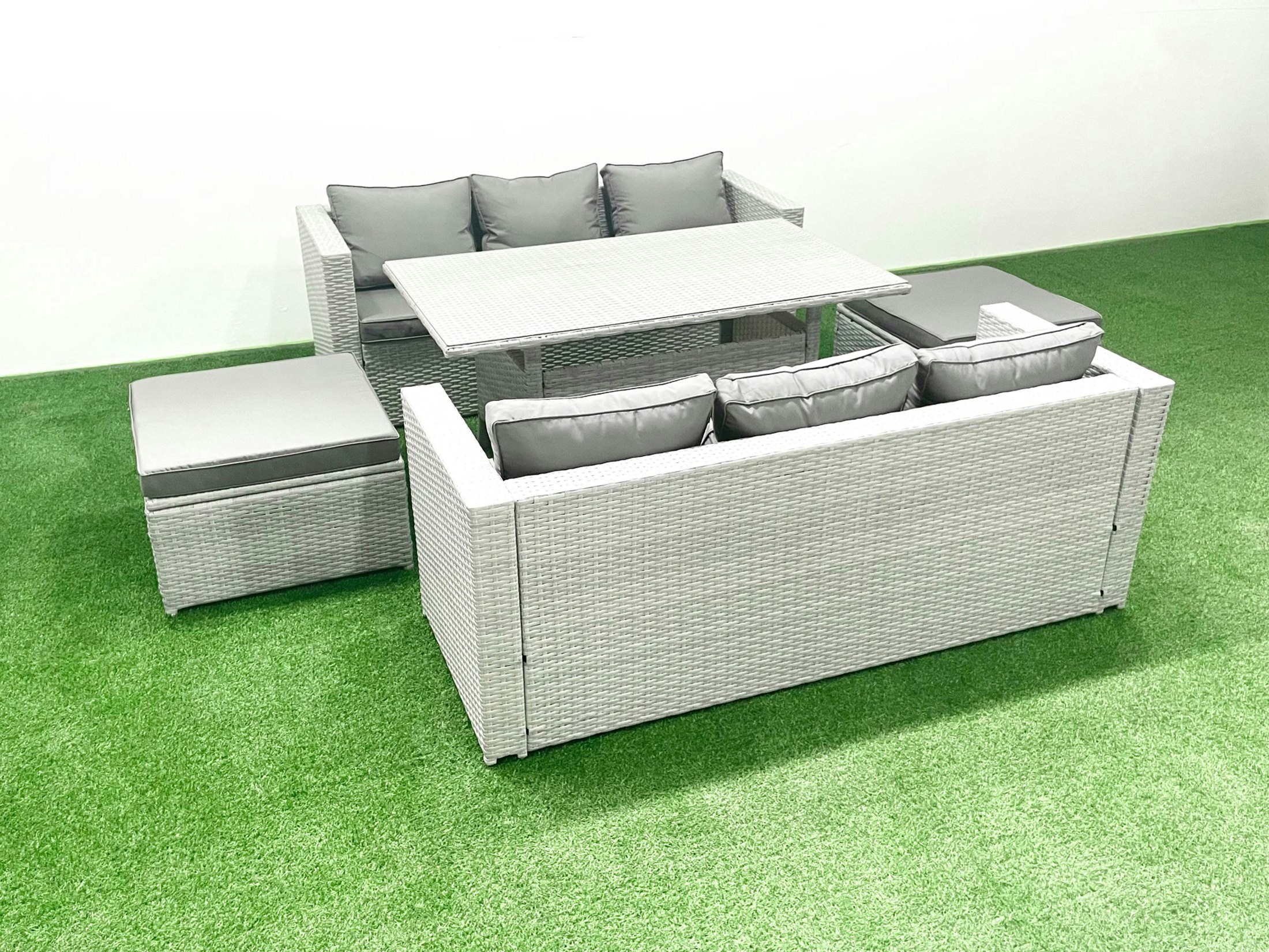 Rackhams Light/Grey Rattan Garden Furniture Set 8 Seater Outdoor Sofa Set With Dining Table 2 Big Footstools Mixed