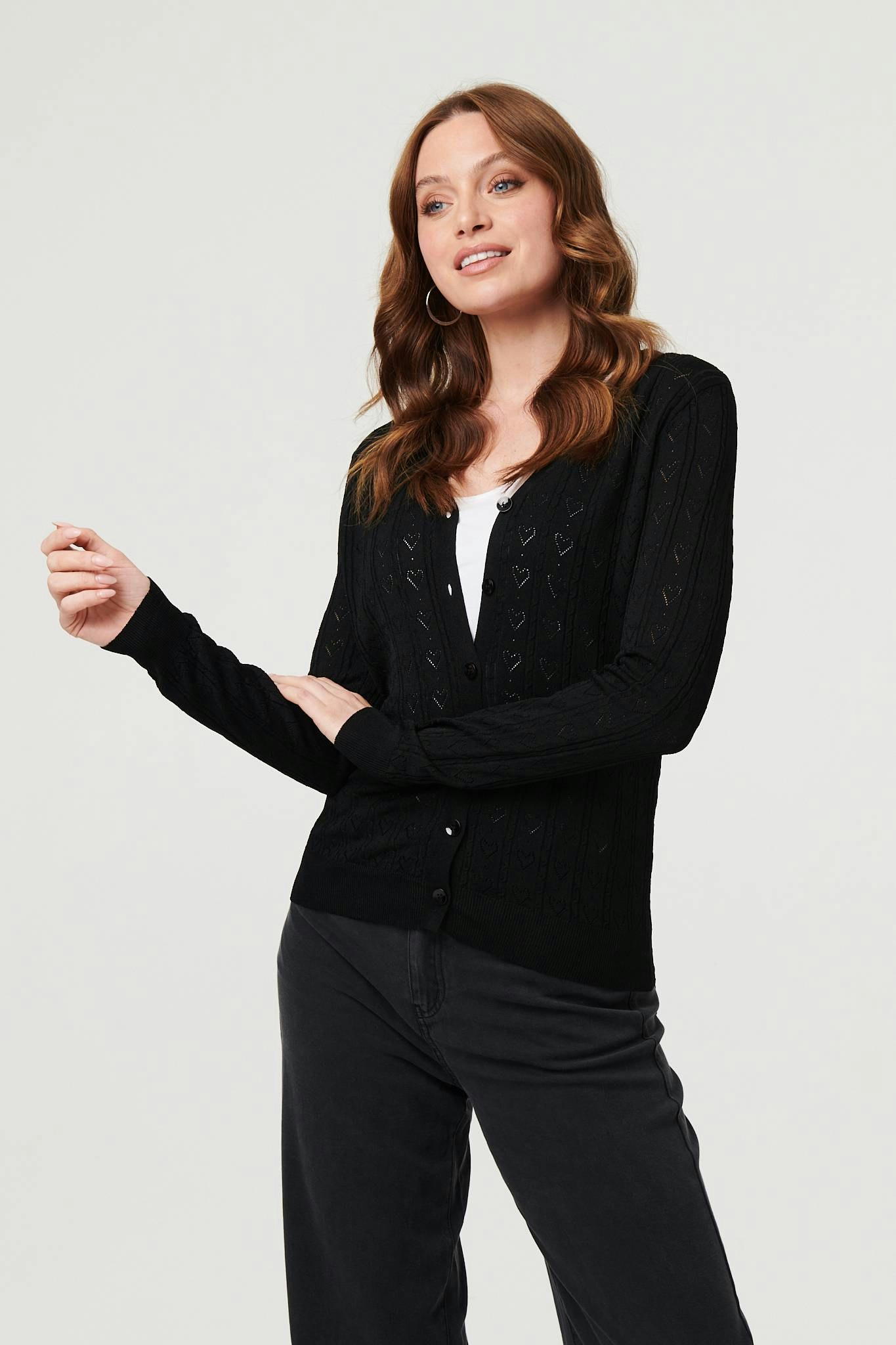 Izabel London Black Semi Sheer Heart Textured Slim Cardigan - 8