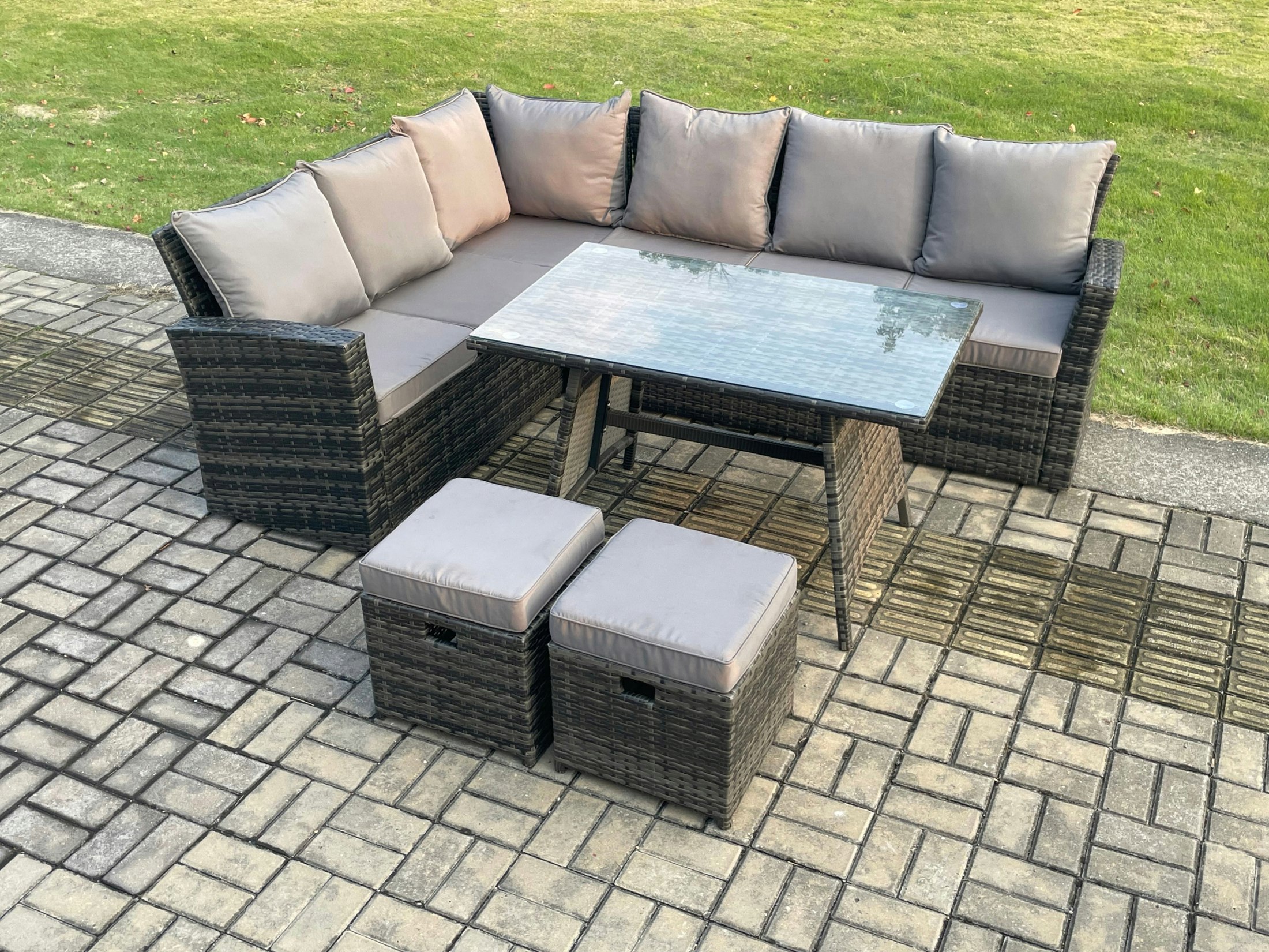 Fimous Dark/Grey Outdoor Furniture Garden Dining Set Rattan Corner Sofa Set With 2 Small Footstools Mixed