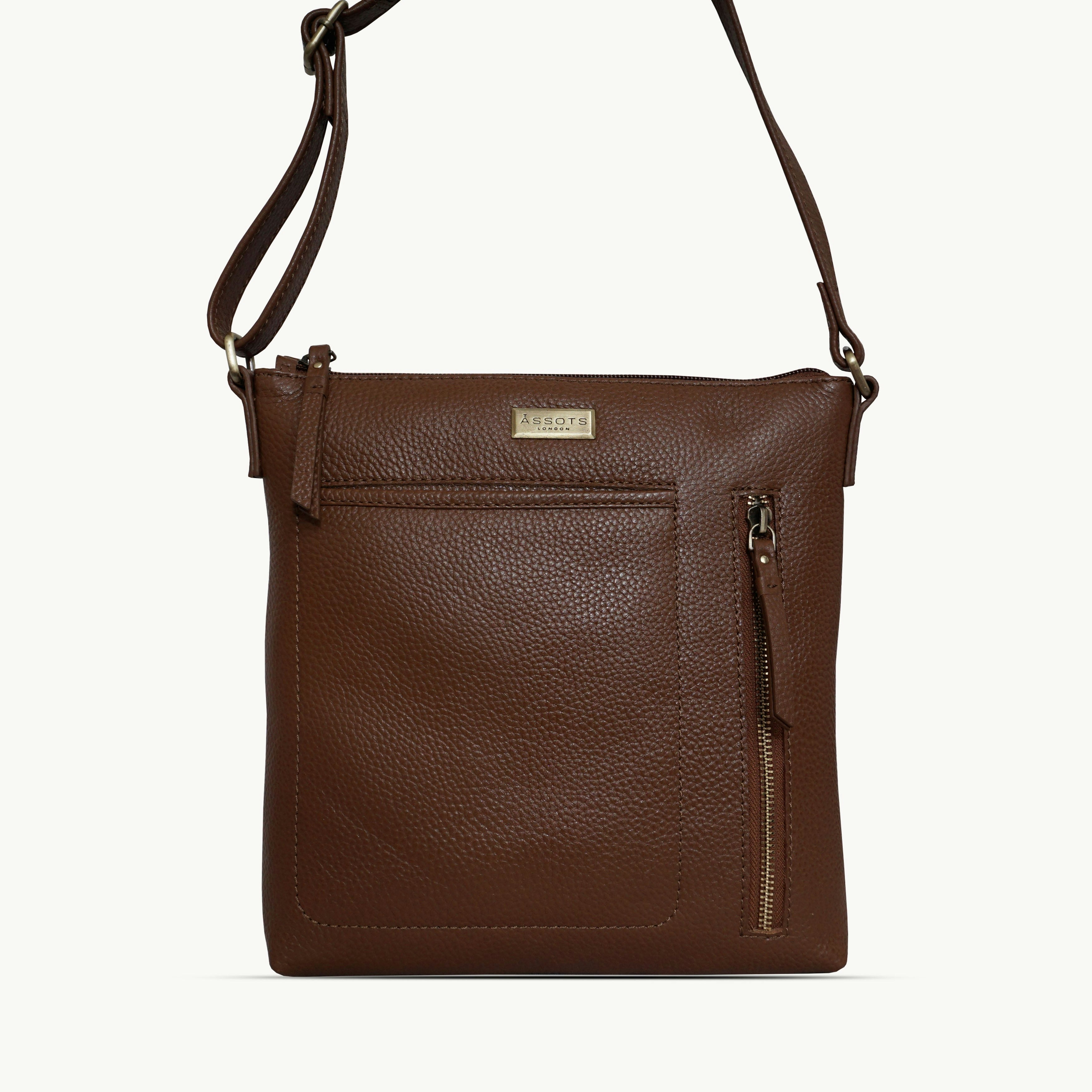 Assots London Grain 'Edith' Tan Pebble Leather Crossbody Bag 26Cm
