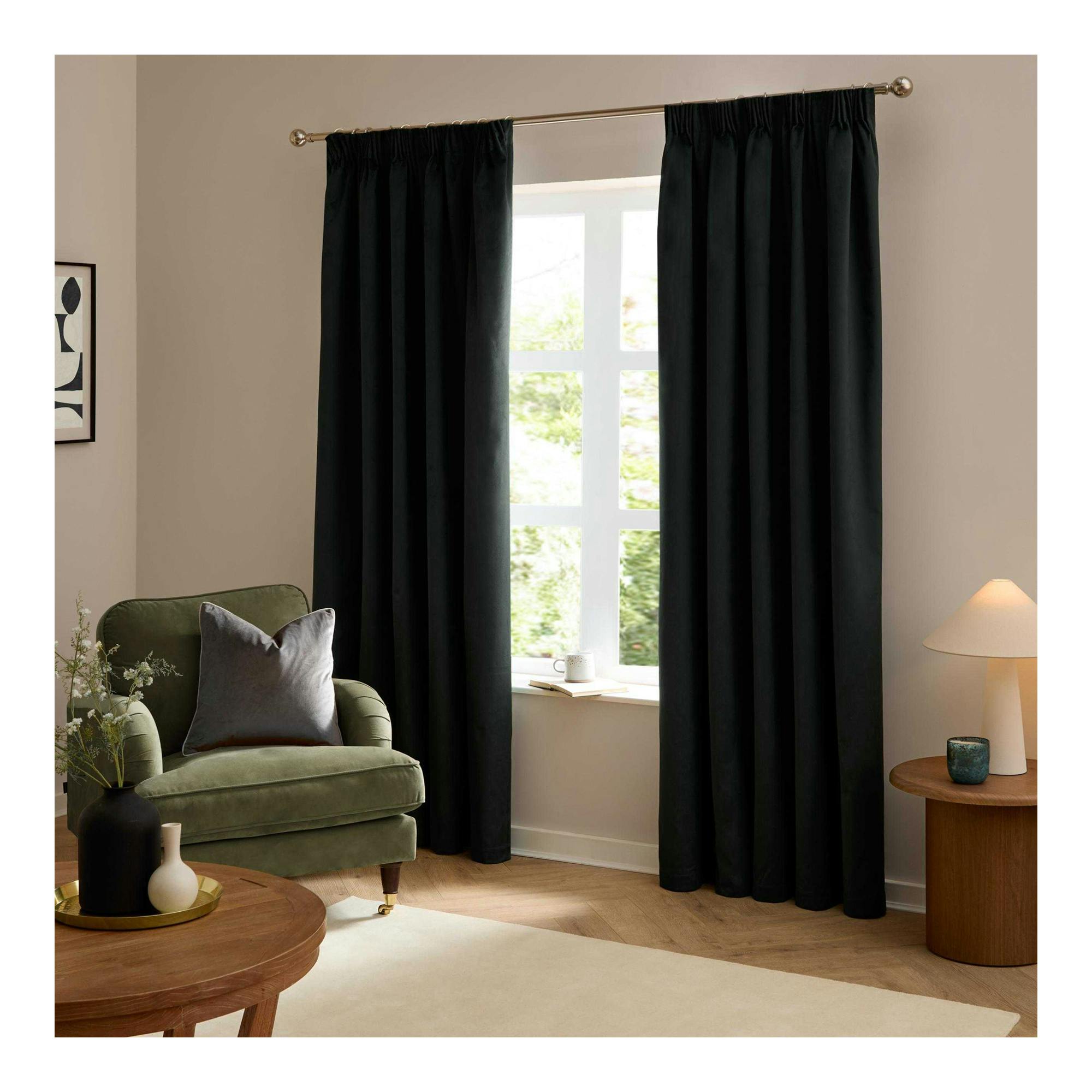 Furn Black Ultimate Velvet Pencil Pleat Curtains - 168Cm X 183Cm - 100% Polyester