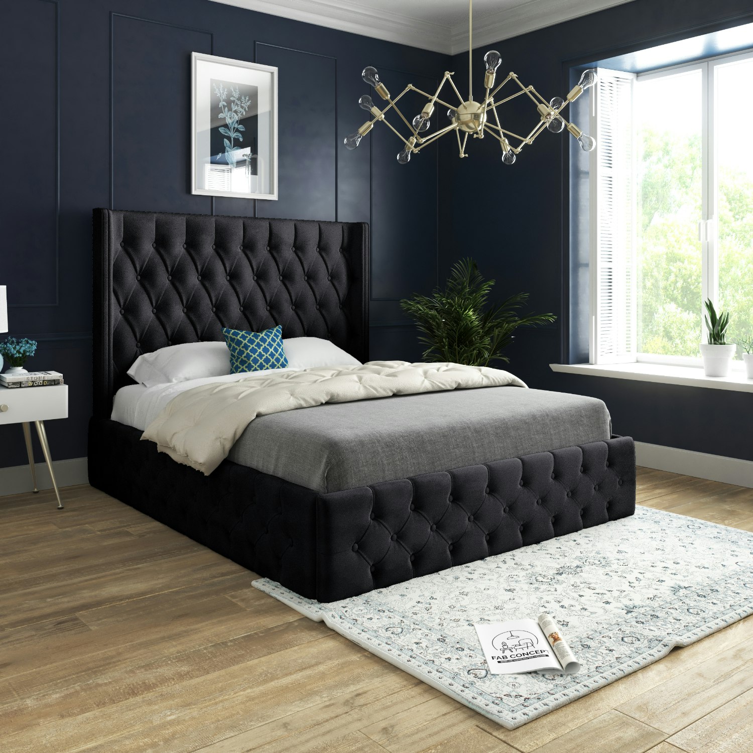 Rackhams Black Turin Straight Winged Upholstered Soft Velvet Bed Frame - Double