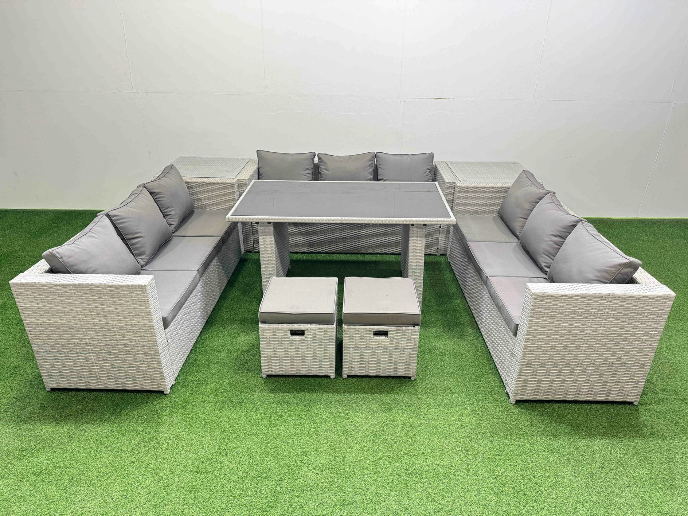 Rackhams Black/Light/Grey Patio Outdoor Garden Furniture Sets With Glass Top Dining Table 3 Seater Sofa 2 Side Tables 2 Small Stool