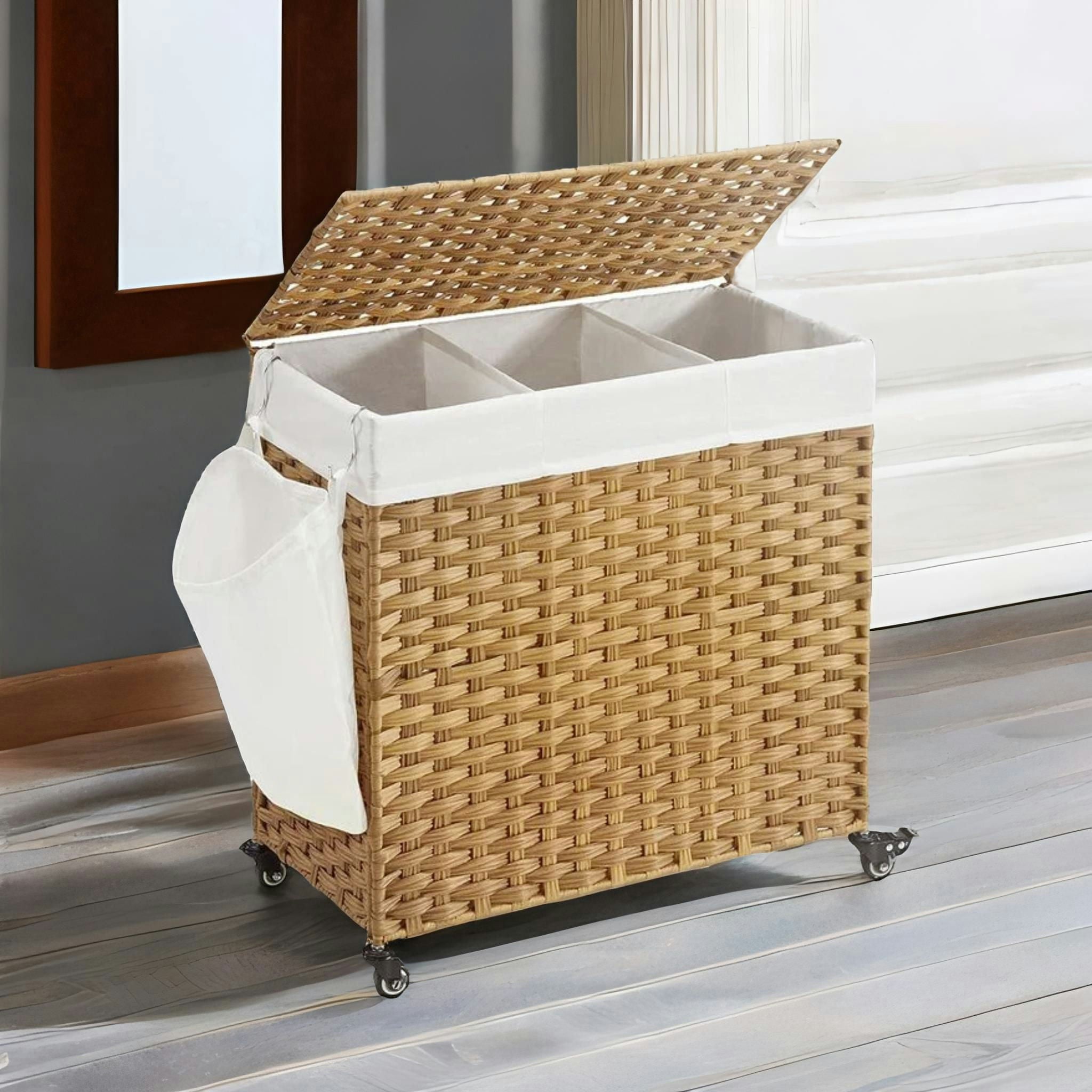 Rackhams Brown 3 Compartment Laundry Basket With Removable Bags And Wheels Natural