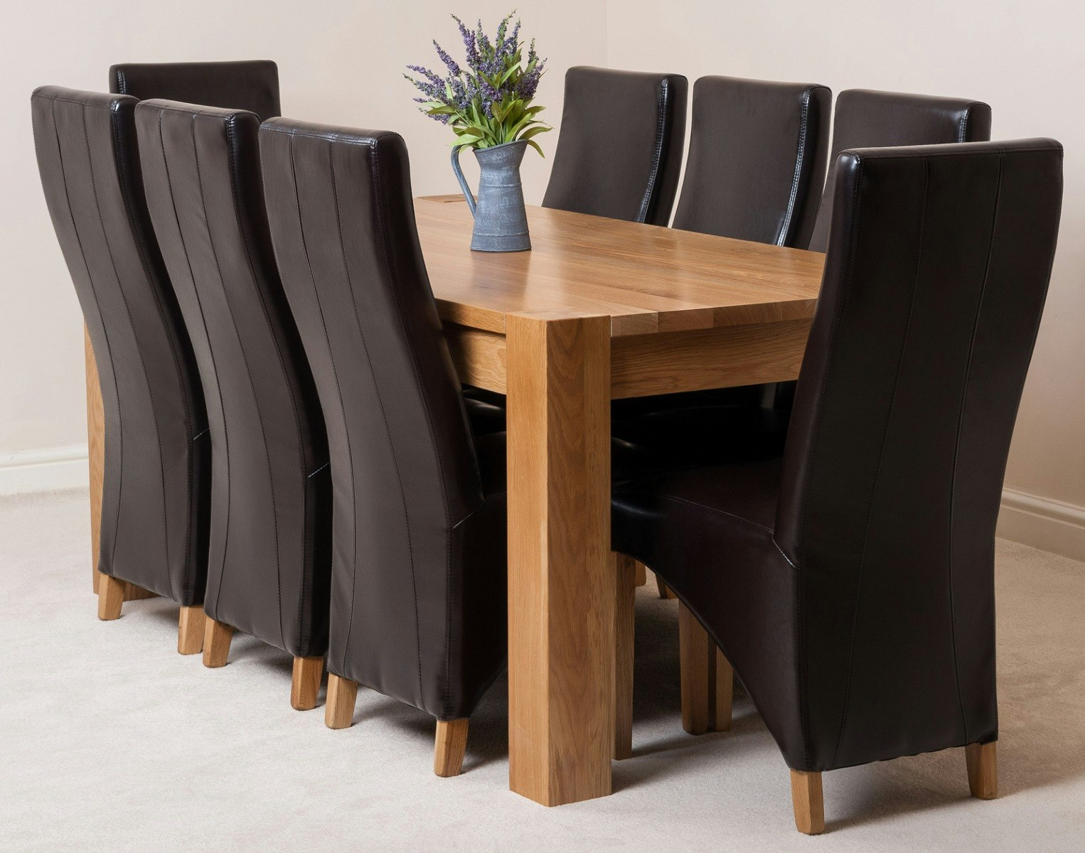 That's Furniture Brown Kuba Large Oak Dining Table With Lola Leather Chairs - 8 Chairs