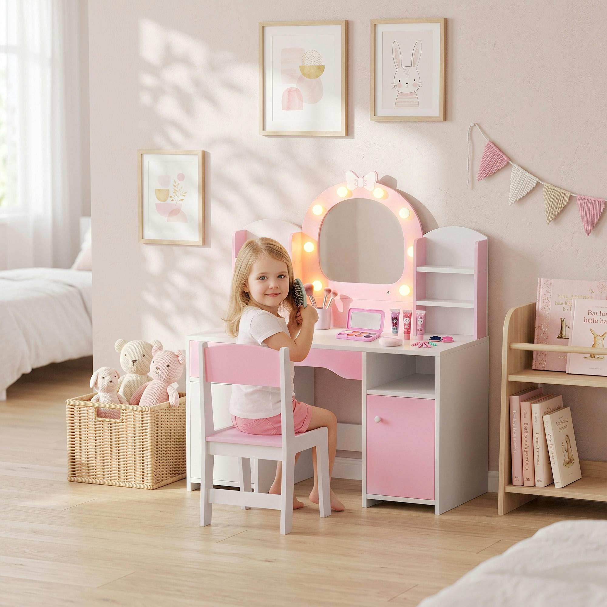 Rackhams Pink Kids Dressing Table With Stool, Lighted Mirror,