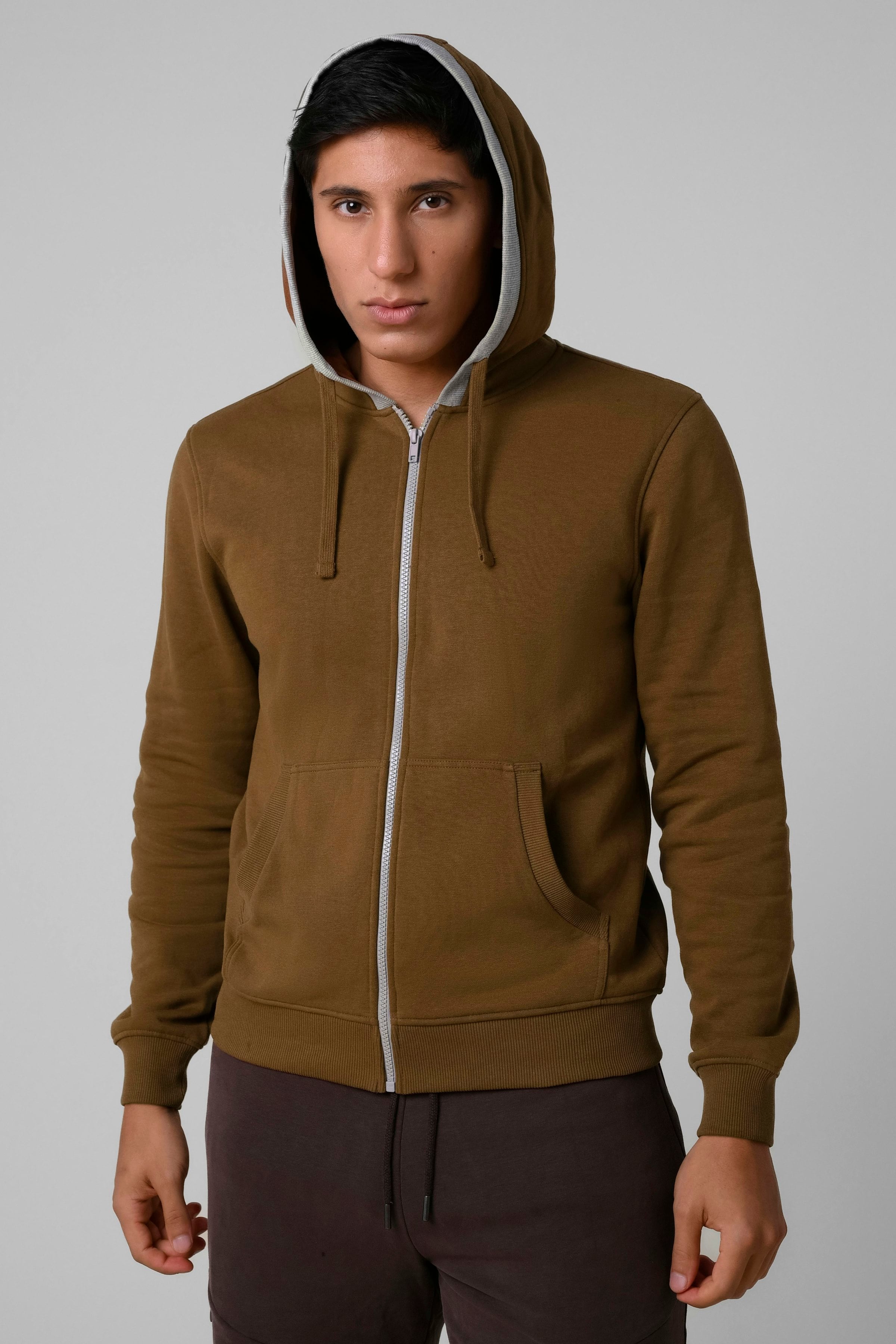 Enorsia Men's Brown Contrast Piping Detail Zip Front Hoodie In | Size: Large - Image 2