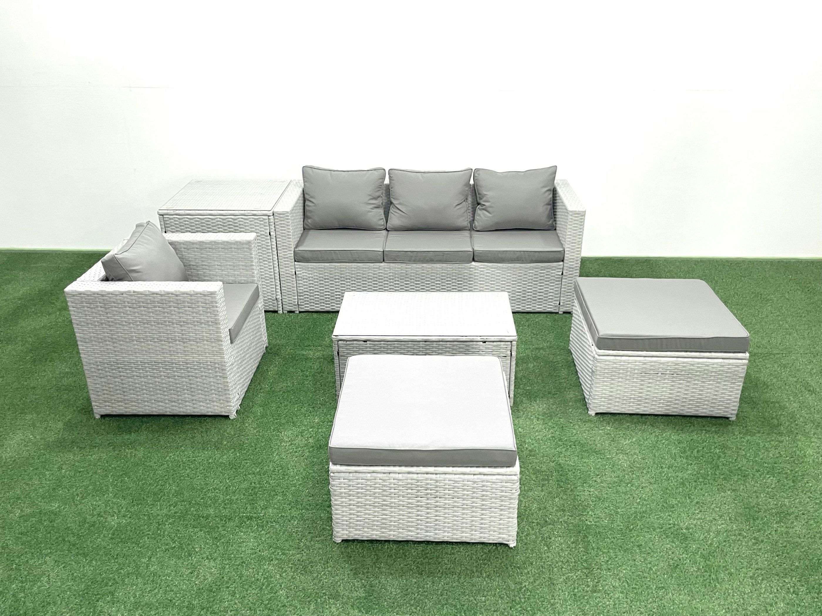 Rackhams Light/Grey 6 Pieces Rattan Garden Furniture Set Outdoor Garden Sofa Chair Coffee Table Set With Side Table 2 Big Footstools Mixed