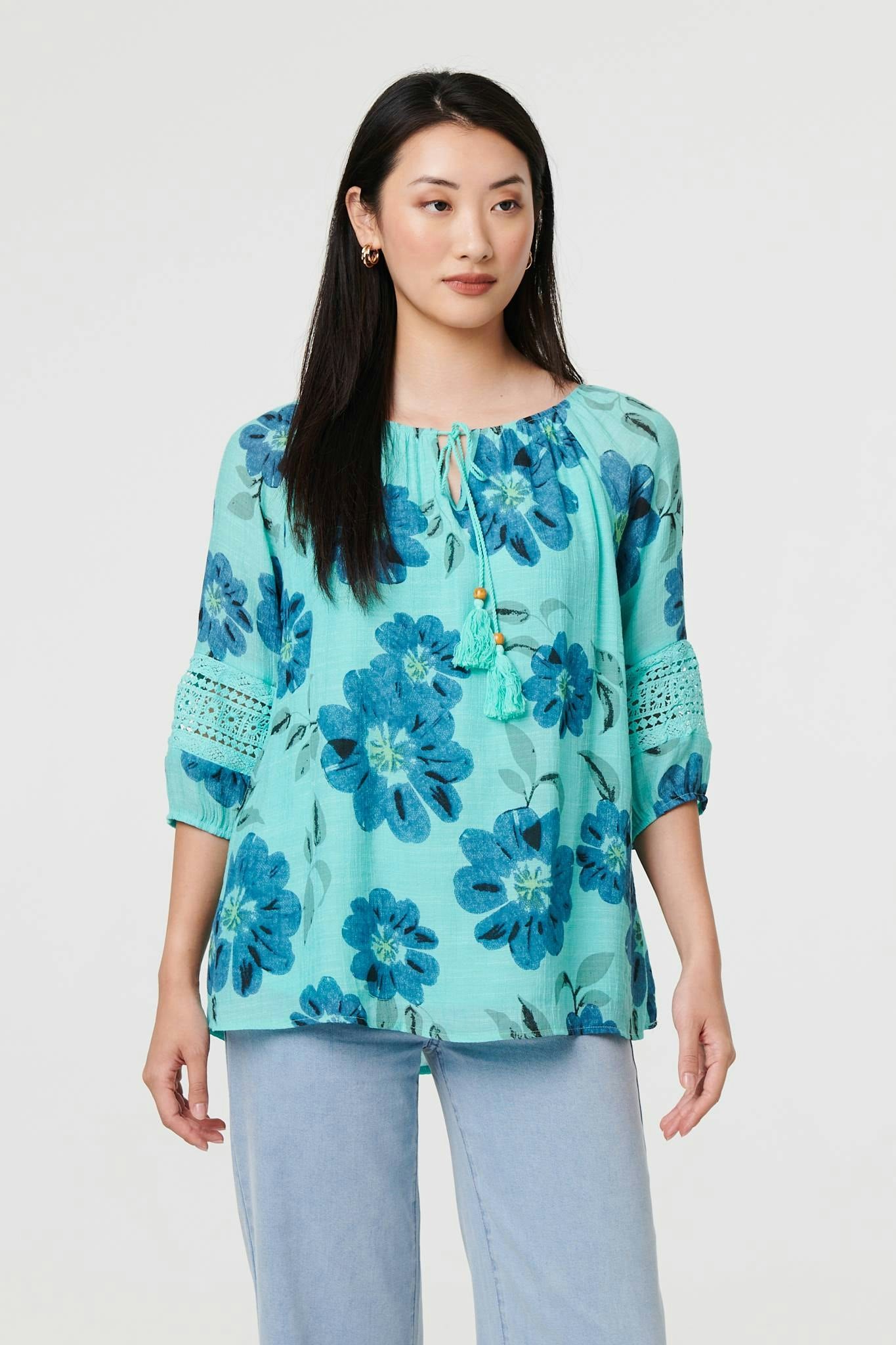 Izabel London Blue Floral Lace Trim Tie Front Bardot Blouse - Size 16