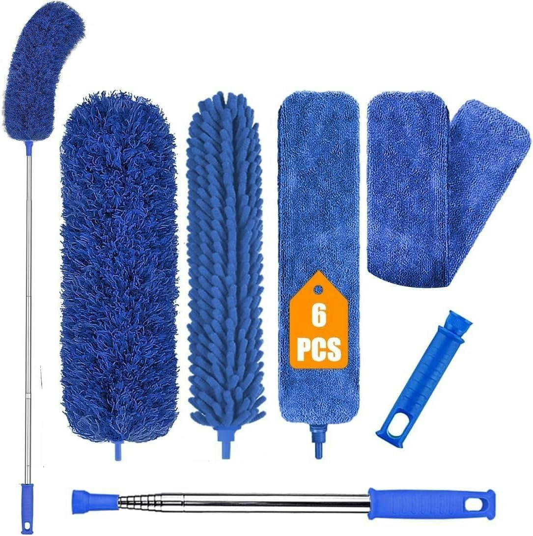 Rackhams Blue Extendable Feather 6Pcs Duster Cleaning Kit Microfiber With Telescoping Extension Pole 100 Inch - 6Pcs Duster Cleaning Kit