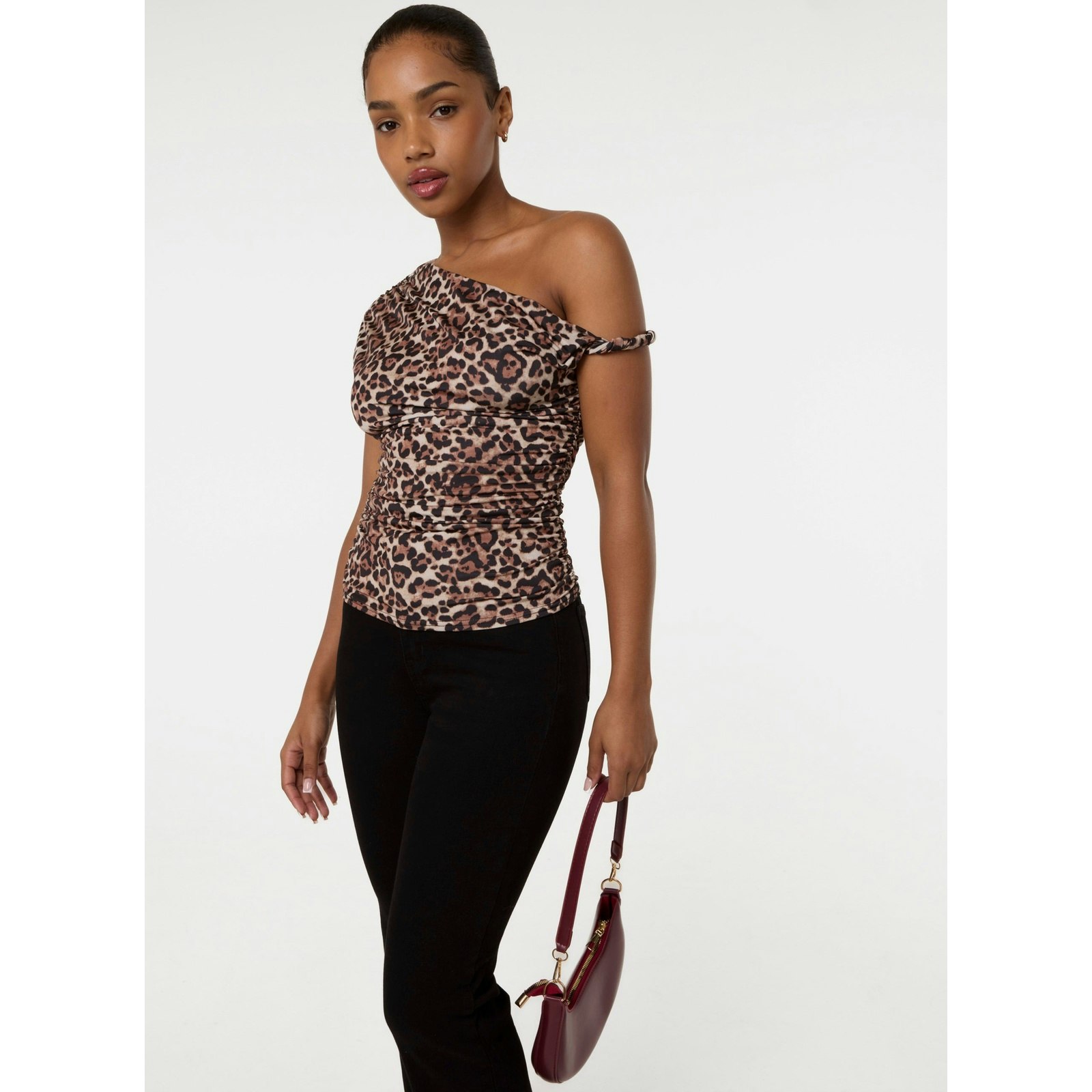 Pink Vanilla Pink/Brown Vanilla Printed Twist Shoulder Top - M