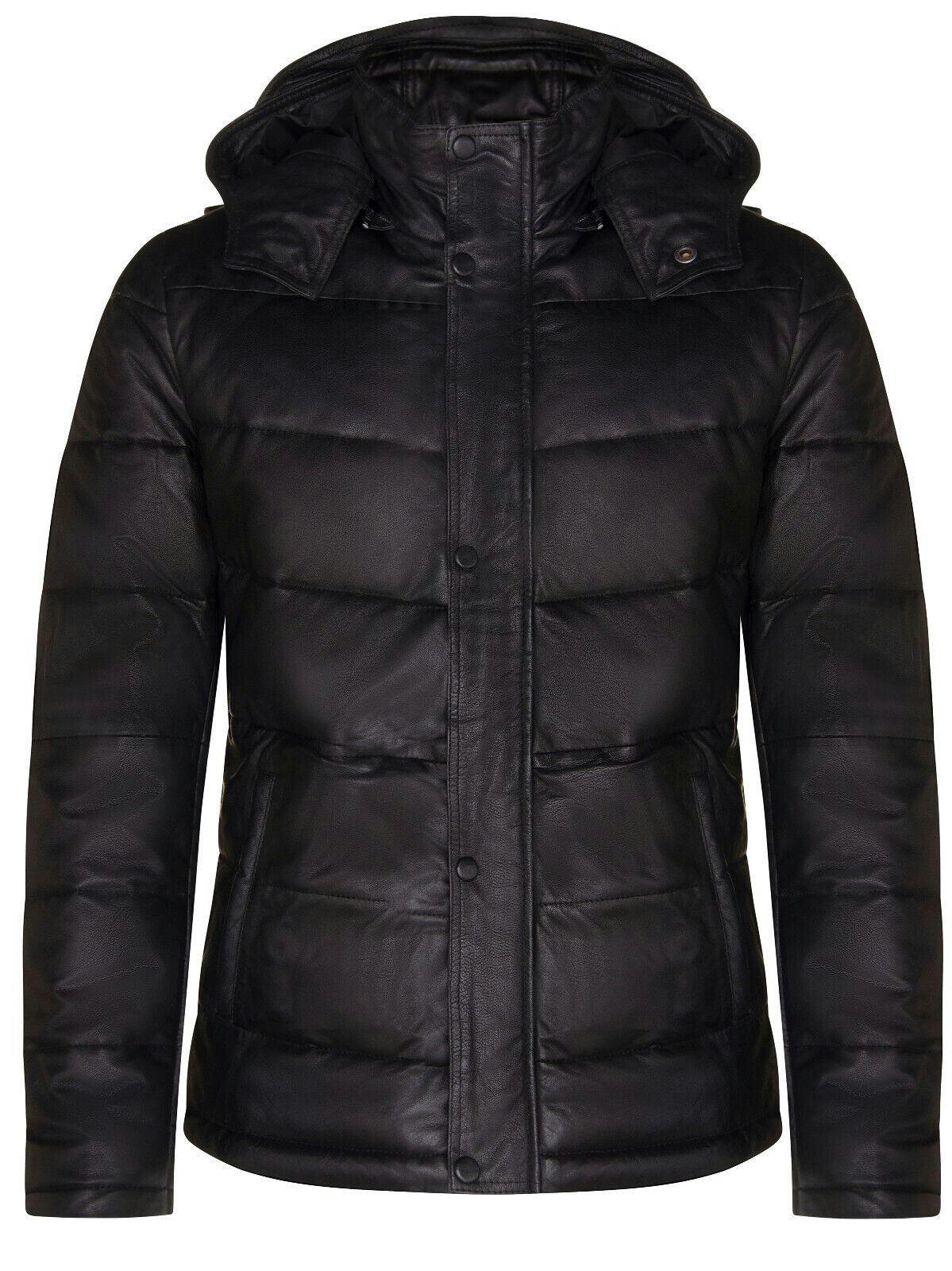 Infinity Leather Men's Black Puffer Leather Quilted Warm Bomber Hooded Jacket - Uk M | Eu 48 | Us 38