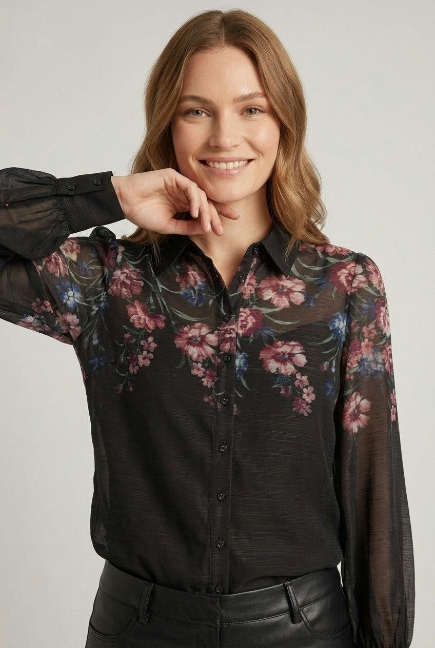 Izabel London Black Floral Sheer Layered Long Sleeve Shirt - 12