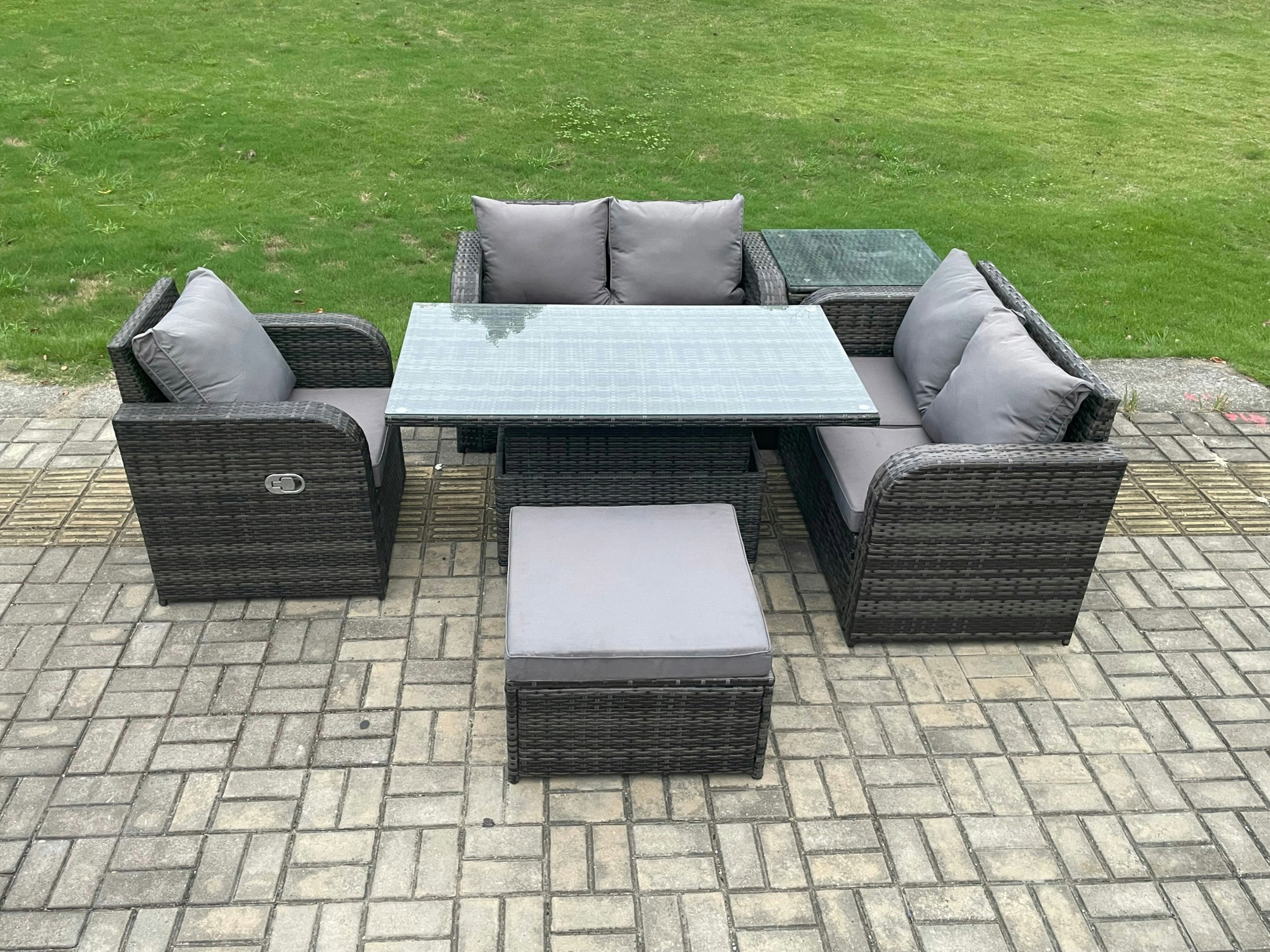 Rackhams Dark/Grey Wicker Pe Rattan Garden Dining Set - Mixed Outdoor Height Adjustable Rising Lifting Table Sofa With Reclining Chair