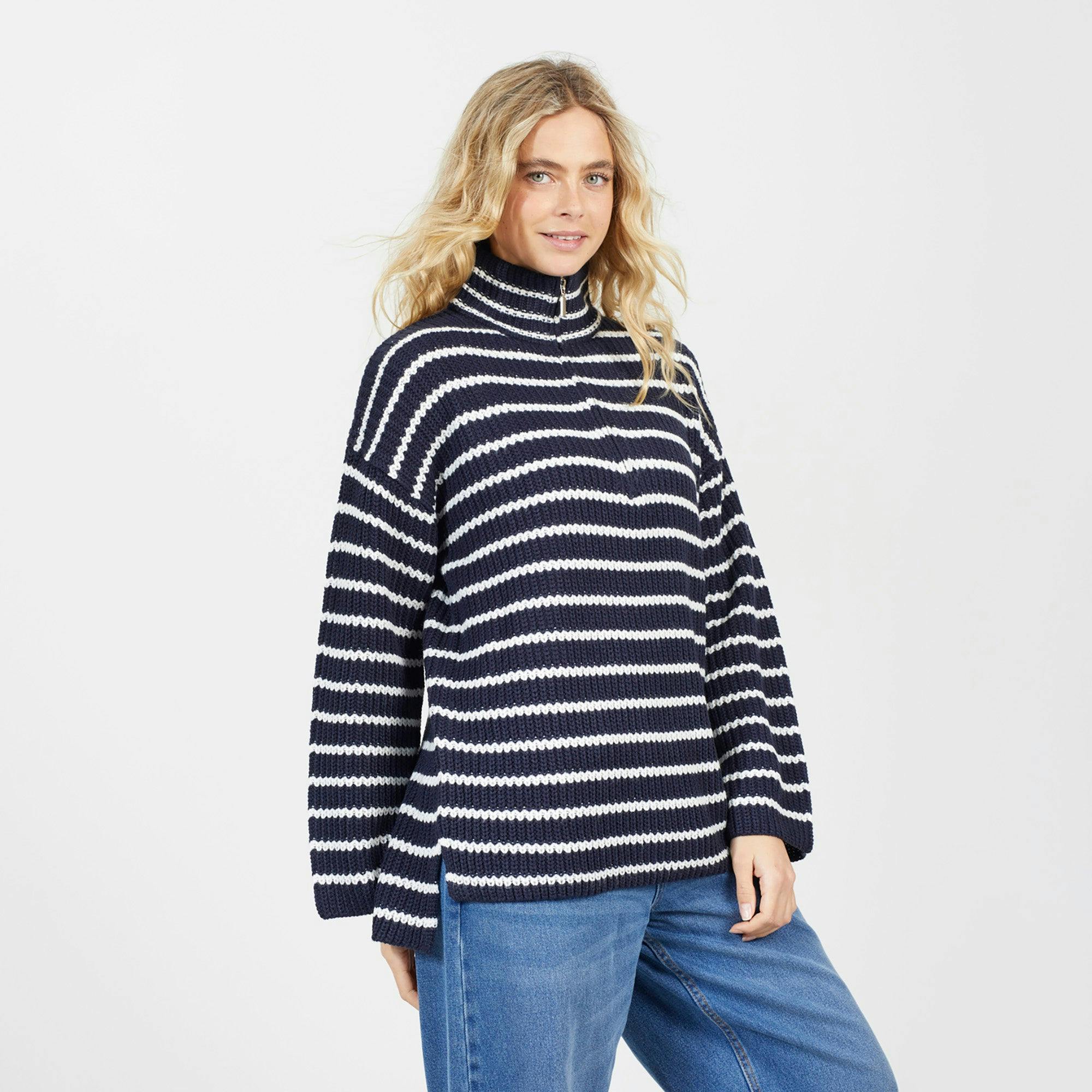 Brave Soul Half Zip Striped Fisherman Knit Jumper - Navy - Navy - Xs
