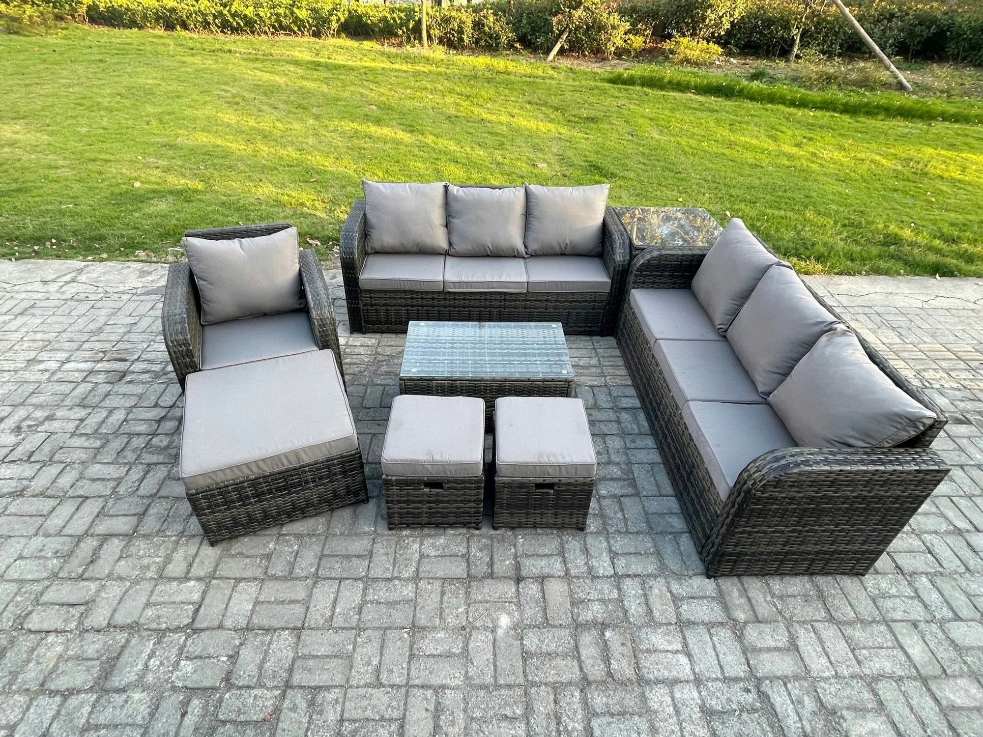 Fimous Dark/Grey 10-Seater Rattan Outdoor Lounge Sofa Set | Rectangular Coffee Table, 3-Seater Sofa, 3 Footstools, Side Table