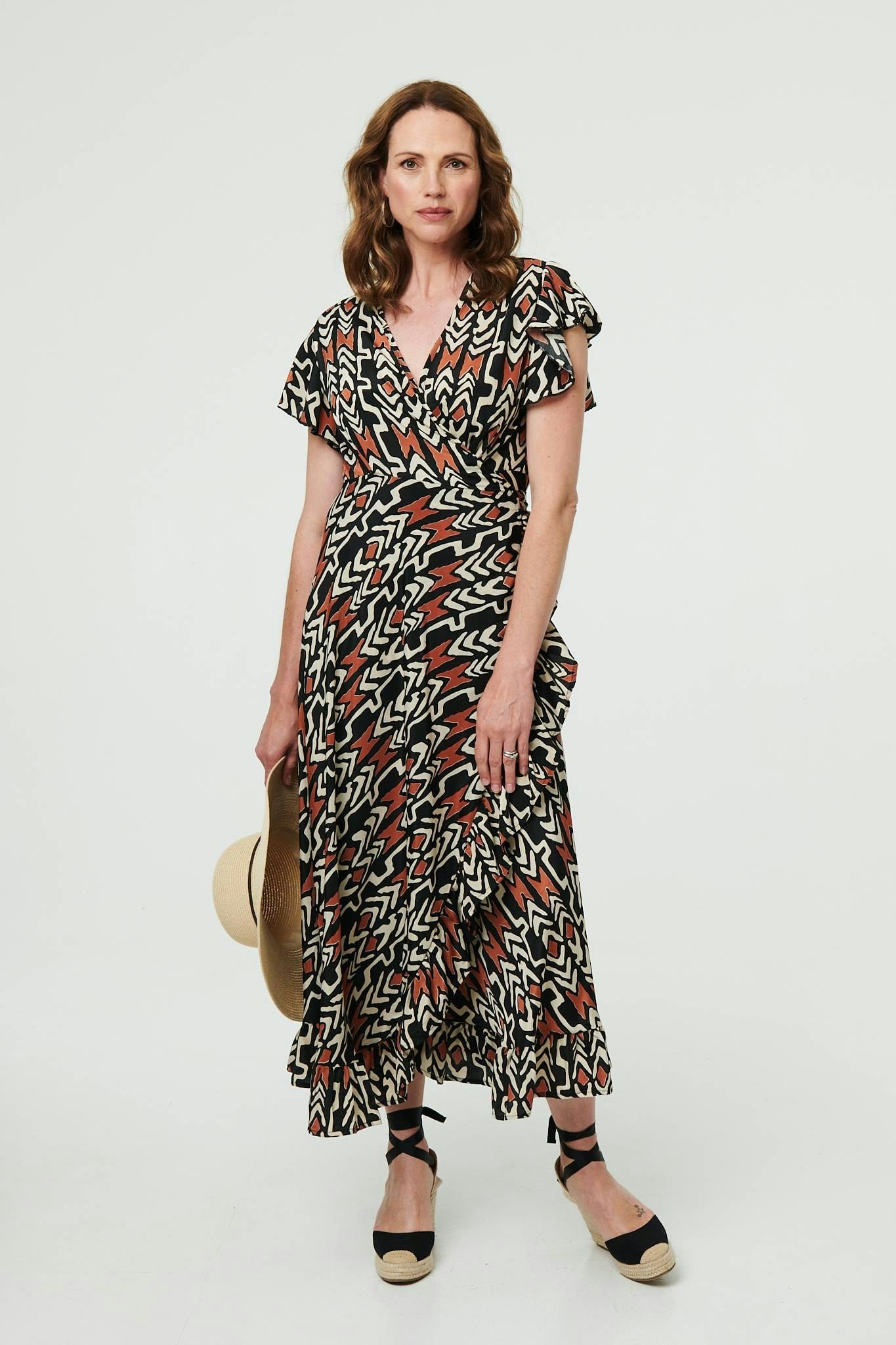 Izabel London Black Abstract Frilled Sleeve Wrap Midi Dress - M/L