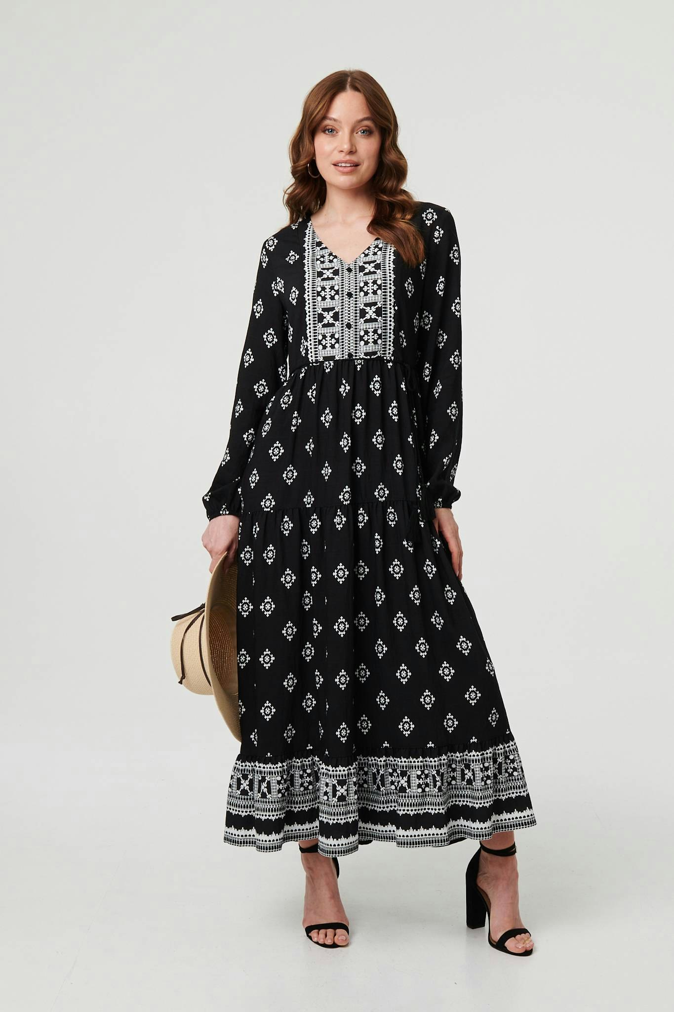 Izabel London Black Printed Long Sleeve Smocked Maxi Dress - 12