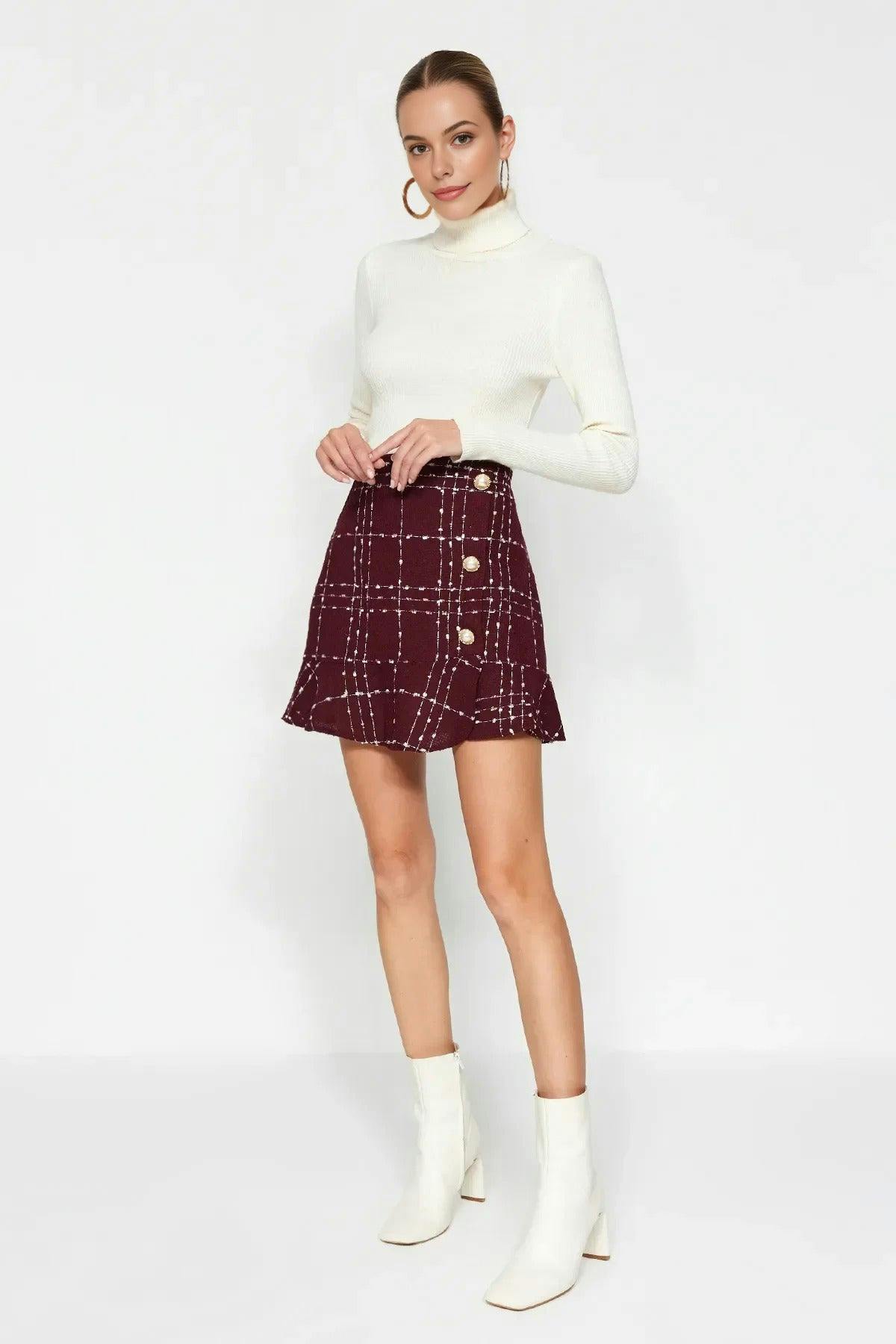Wovcor Burgundy Tweed Skirt Flounce Mini Woven Skirt Button Detail - 10