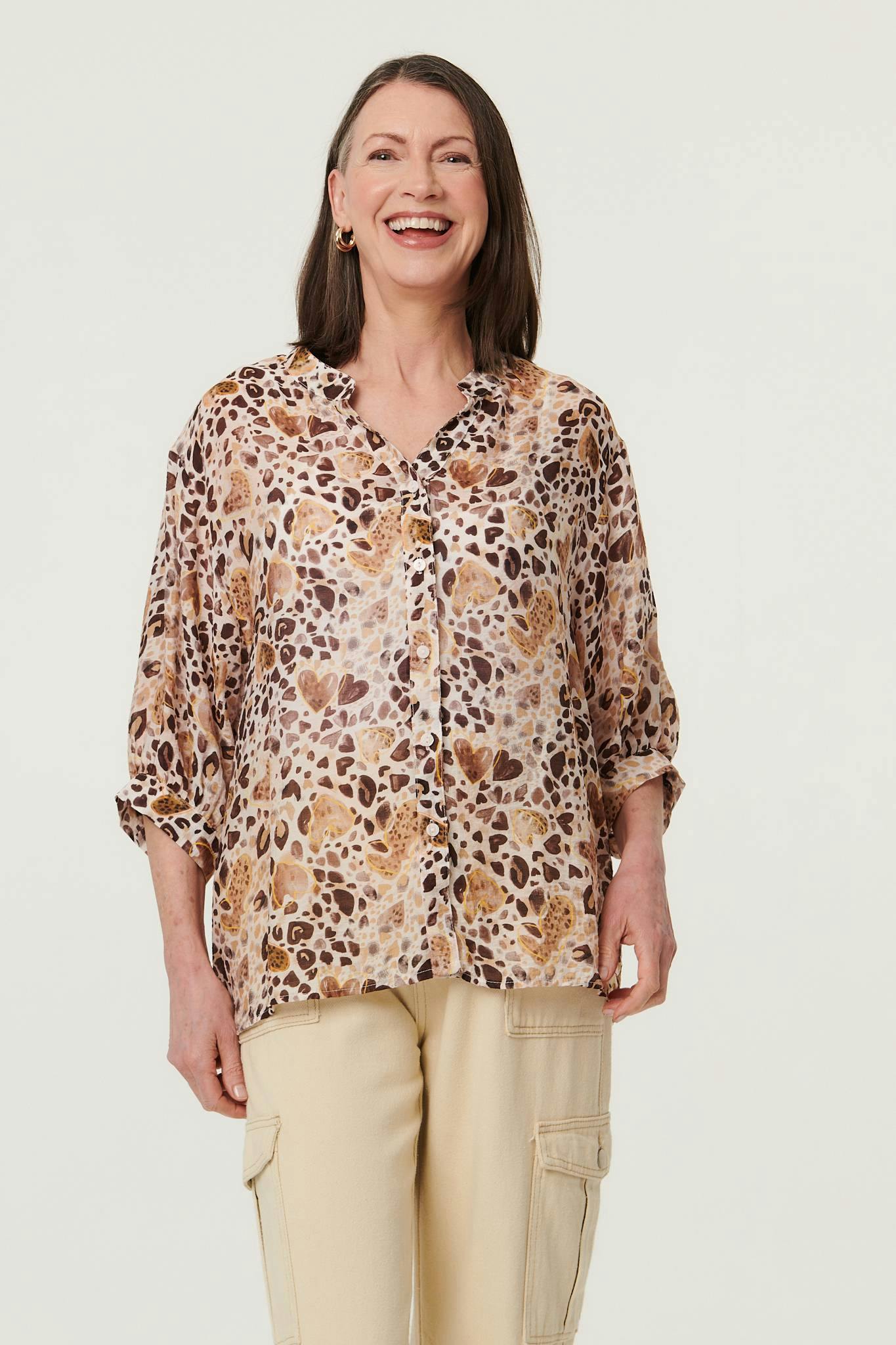 Izabel London Beige Animal Print 3/4 Sleeve Blouse - 10