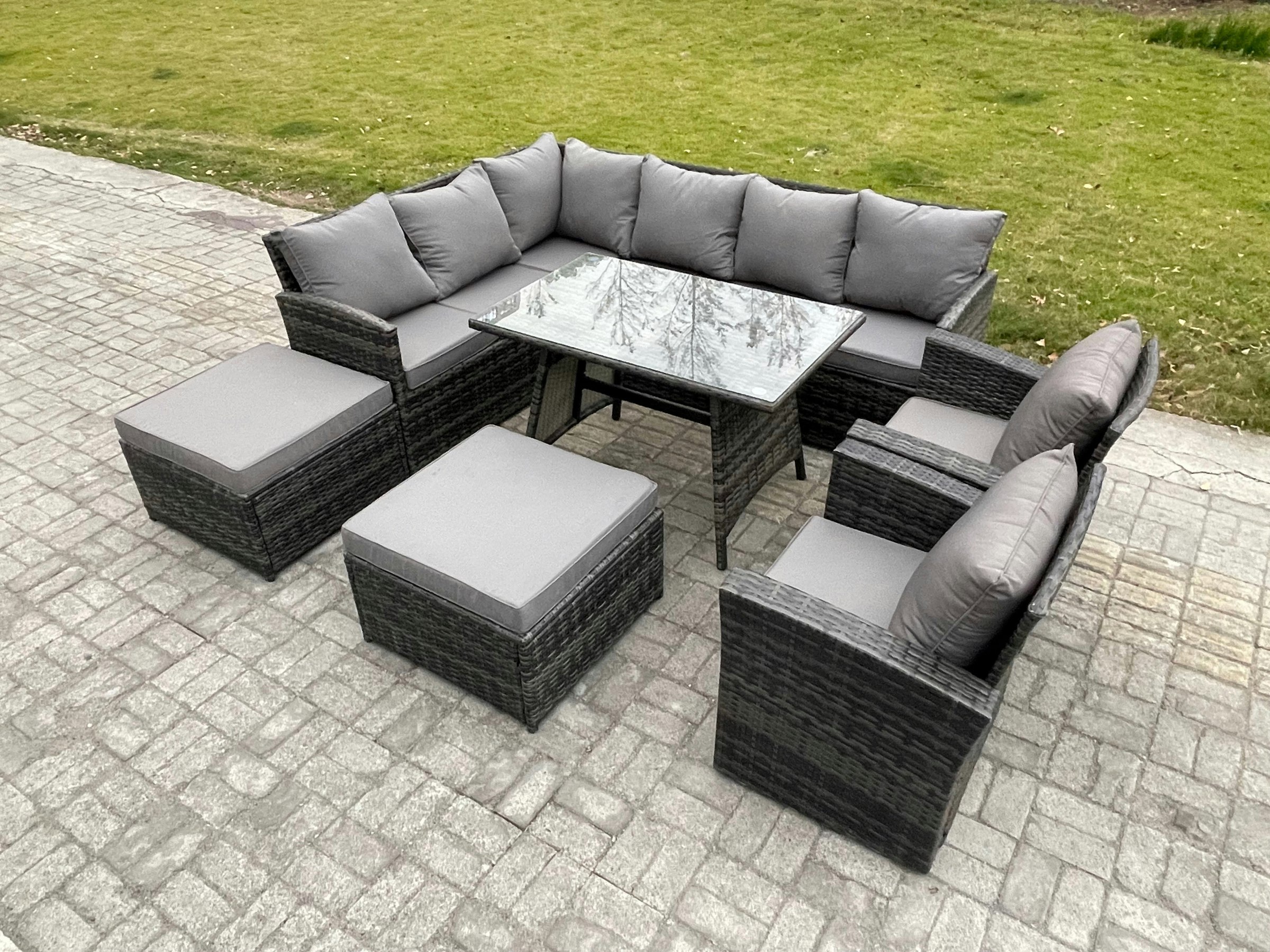 Rackhams Dark/Grey Outdoor Rattan Garden Furniture Corner Sofa Set With Oblong Dining Table 2 Big Footstool 2 Armchairs Patio Wicker Rattan Set Mixed