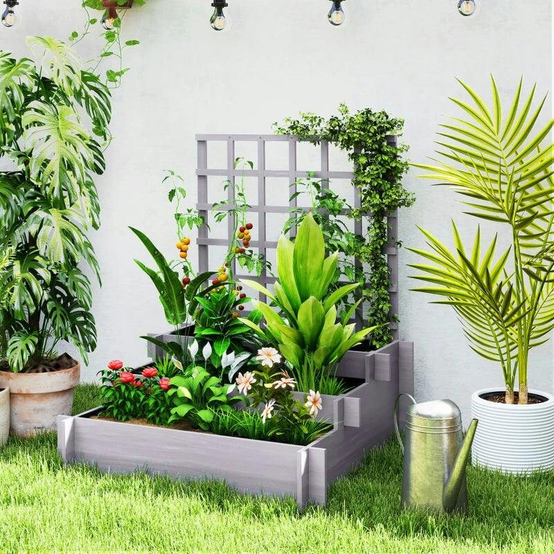 Rackhams Grey 3 Tier Garden Planters With Trellis For Vine Climbing, Wooden Raised Beds, 95X95x110cm, - Image 7