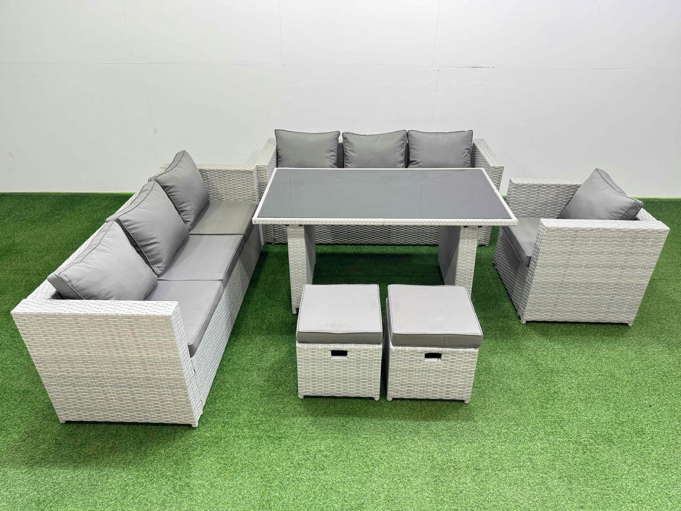 Fimous Black/Light/Grey Patio Garden Furniture Sets With Glass Top Dining Table 3 Seater Sofa Armchair 2 Small Stool