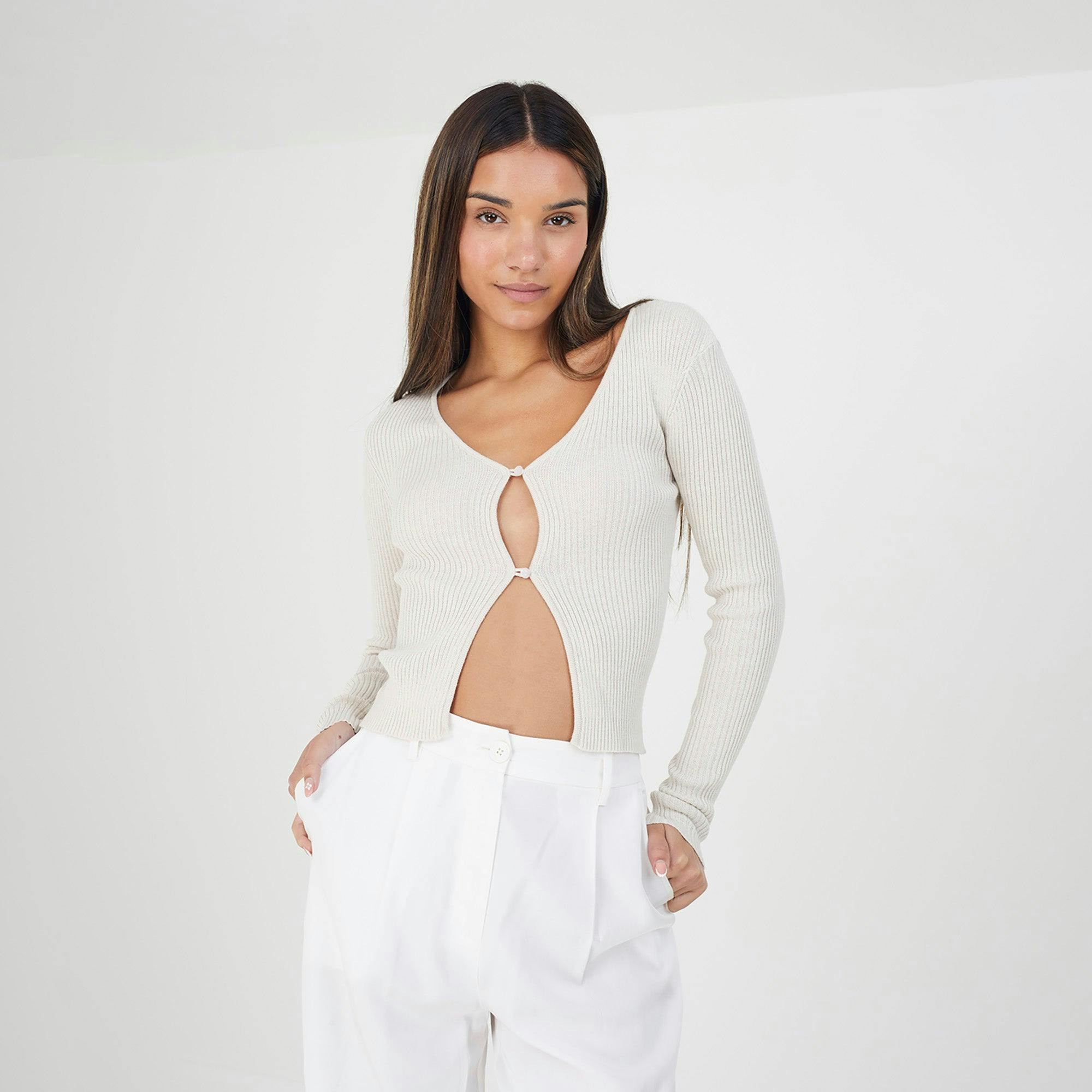 Brave Soul Ribbed Knitted V-Neck Cardigan - Stone - Stone - M