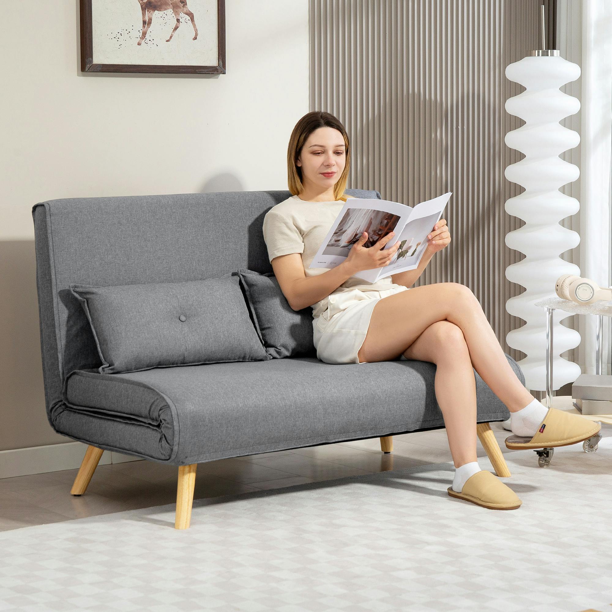 Homcom Grey Click Clack Sofa Bed, 2 Seater Bed Settee For Living Room,