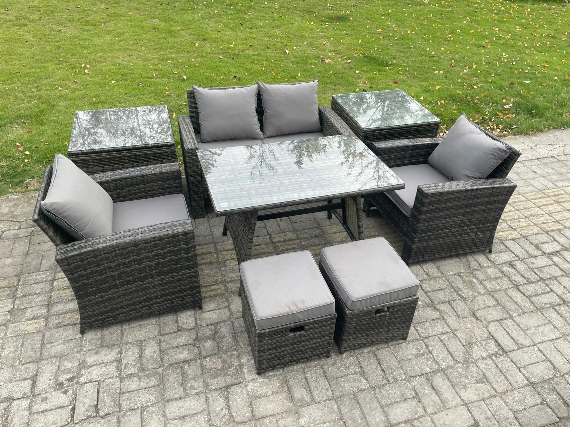 Fimous Dark/Grey Rattan Wicker Garden Dining Set - Mixed Patio Conservatory Furniture With Rectangular Table, Armchair & 2-Seater Sofa