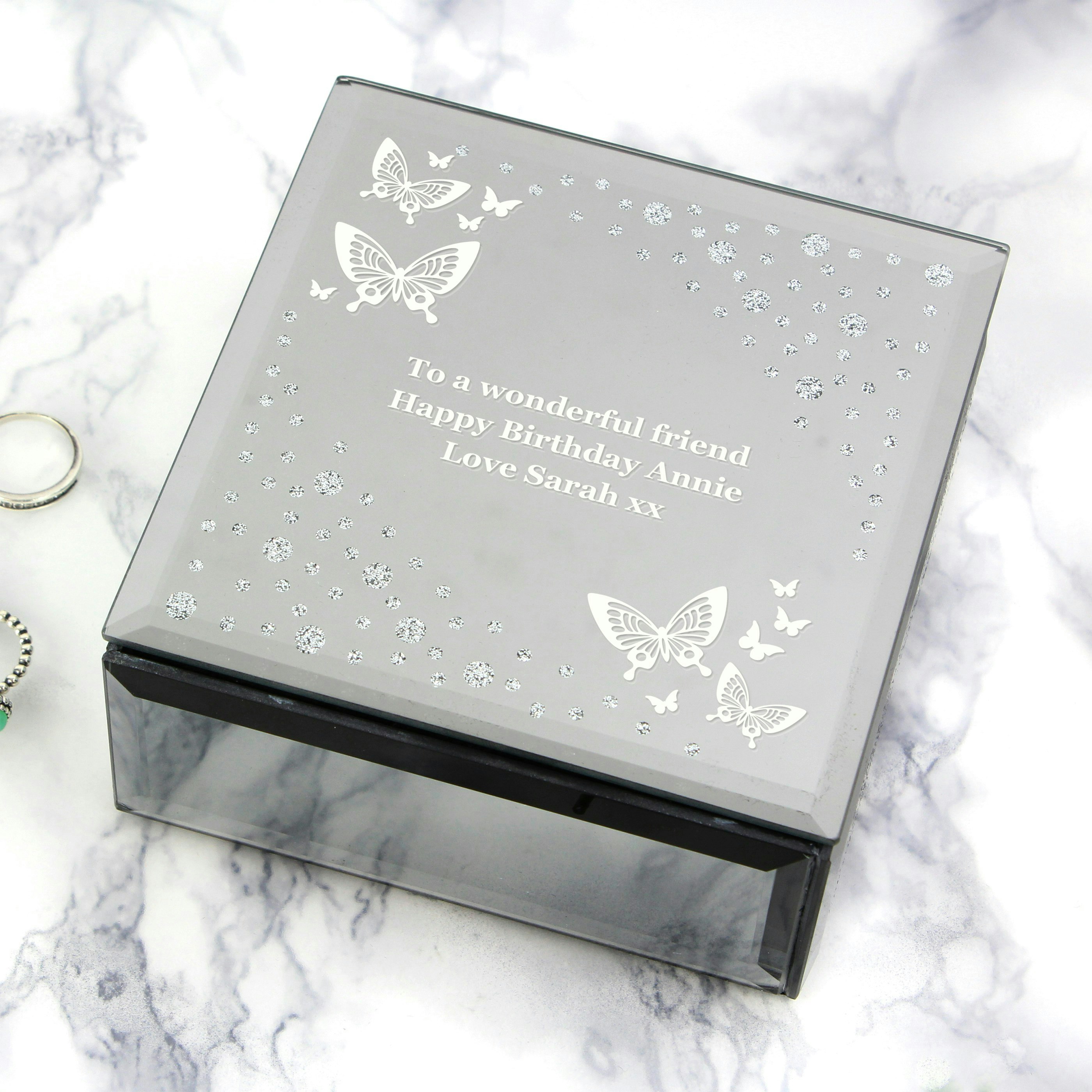 Personalised Memento Company White Personalised Butterfly Diamante Glass Trinket Box