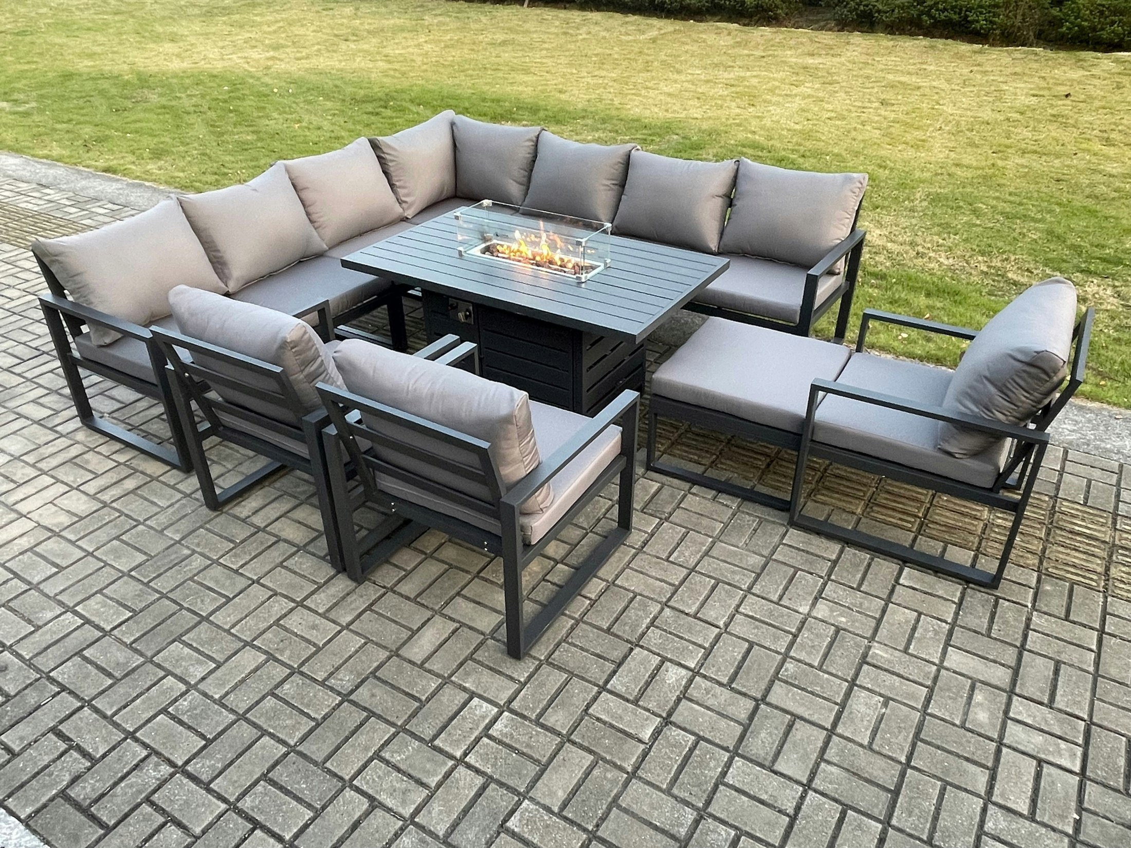 Fimous Dark/Grey Aluminium 11 Seater Garden Furniture Outdoor Set Patio Lounge Sofa Gas Fire Pit Dining Table Set With 3 Chairs Big Footstool