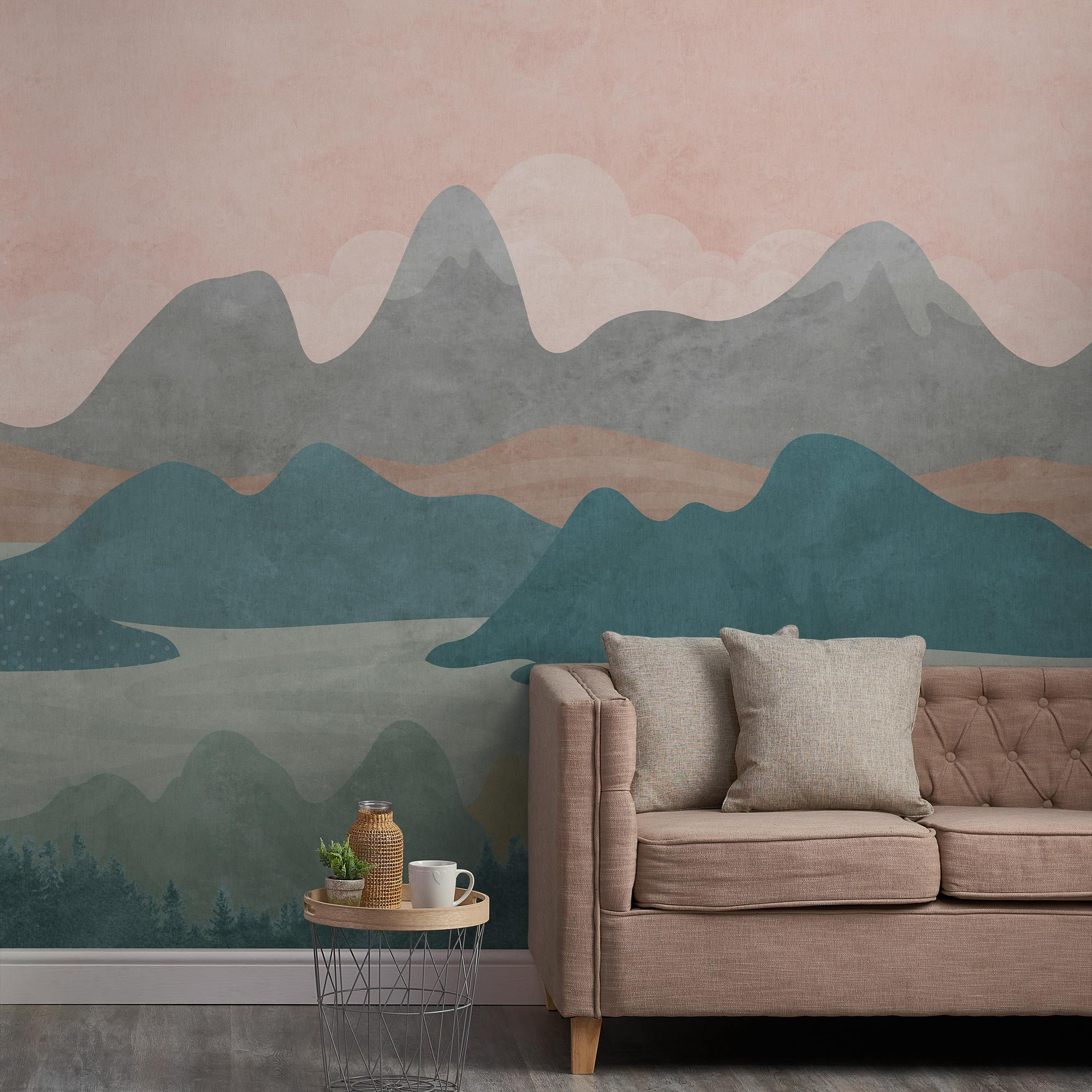 Rackhams Pink Hills & Mountains Landscape 7 Panel Repeatable Textured Mural, 3.71 X 2.8M Teal